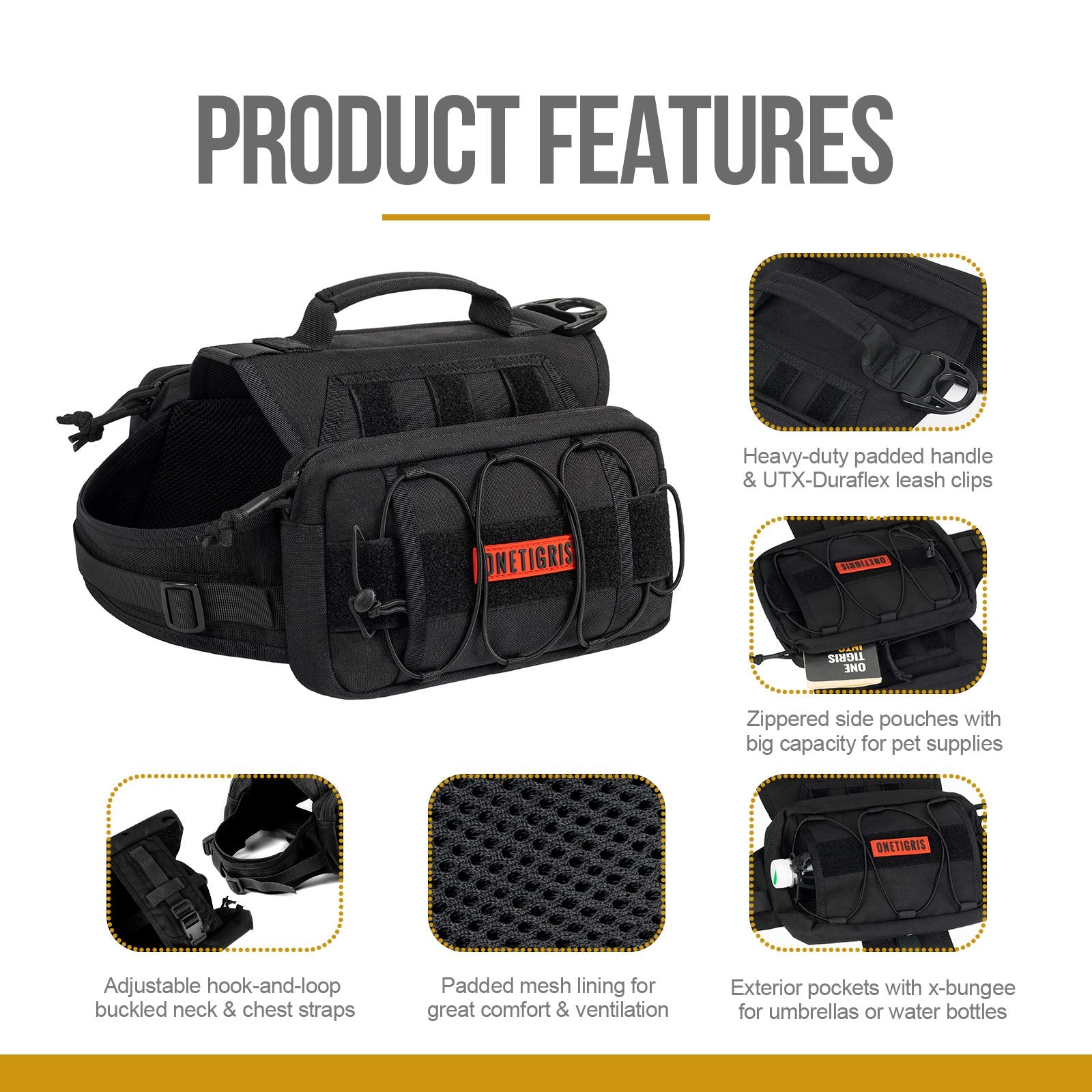 ONETIGRIS dog backpack side pouches highlight extra storage for water and treats on hikes