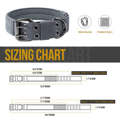 OneTigris military dog collar highlights heavy-duty D-ring and buckle for secure leash use.