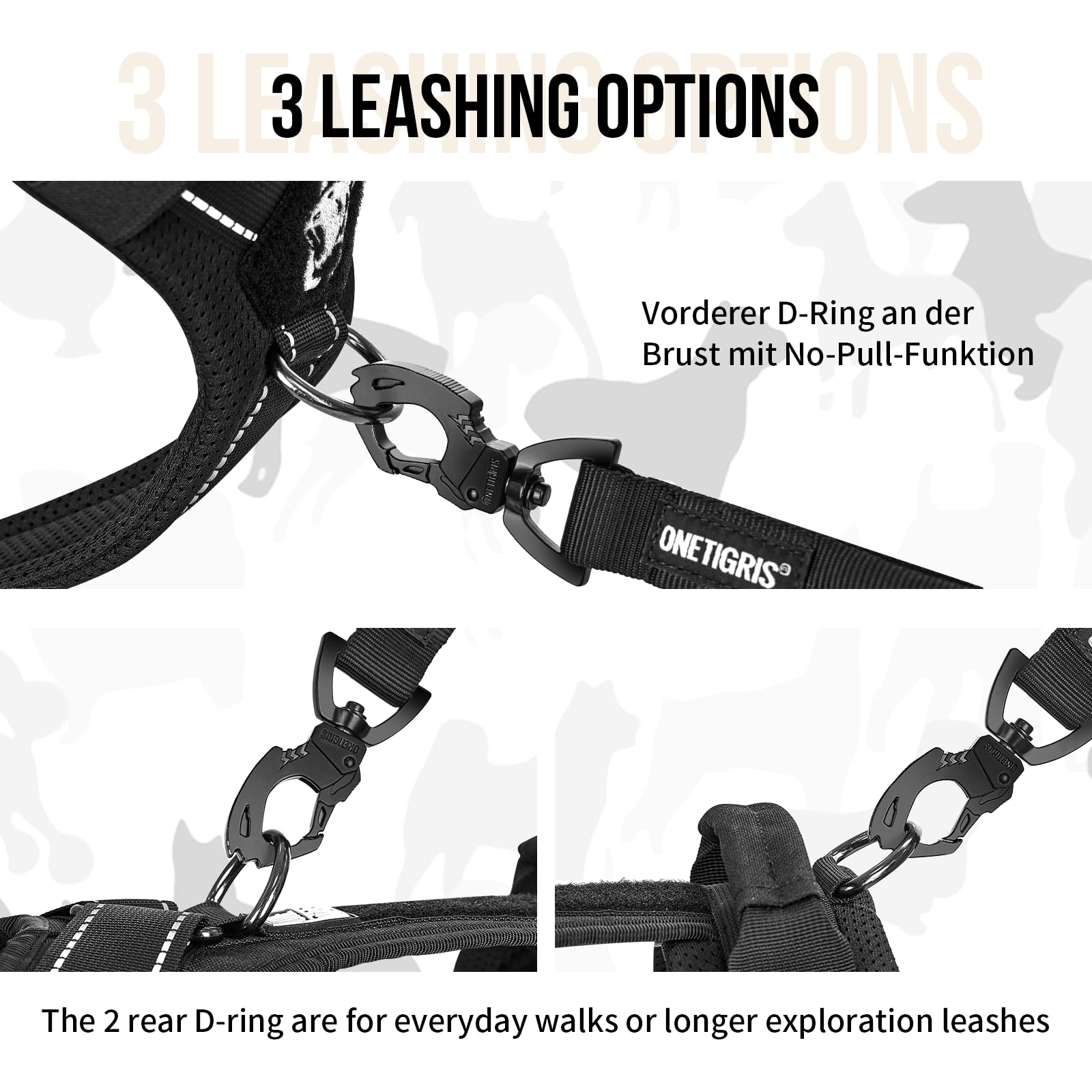 OneTigris front D-ring no-pull image demonstrates front leash control.