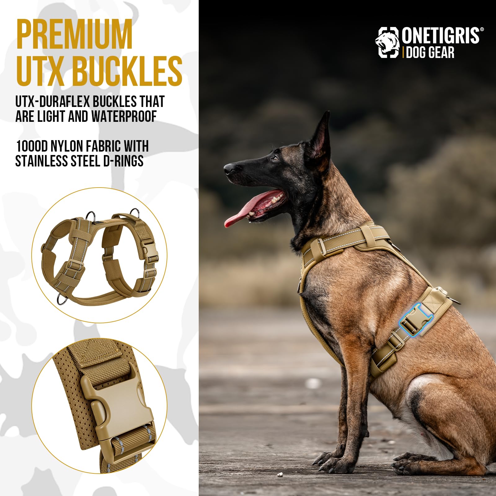 ONETIGRIS dog harness close-up emphasizes durable 1000D nylon material