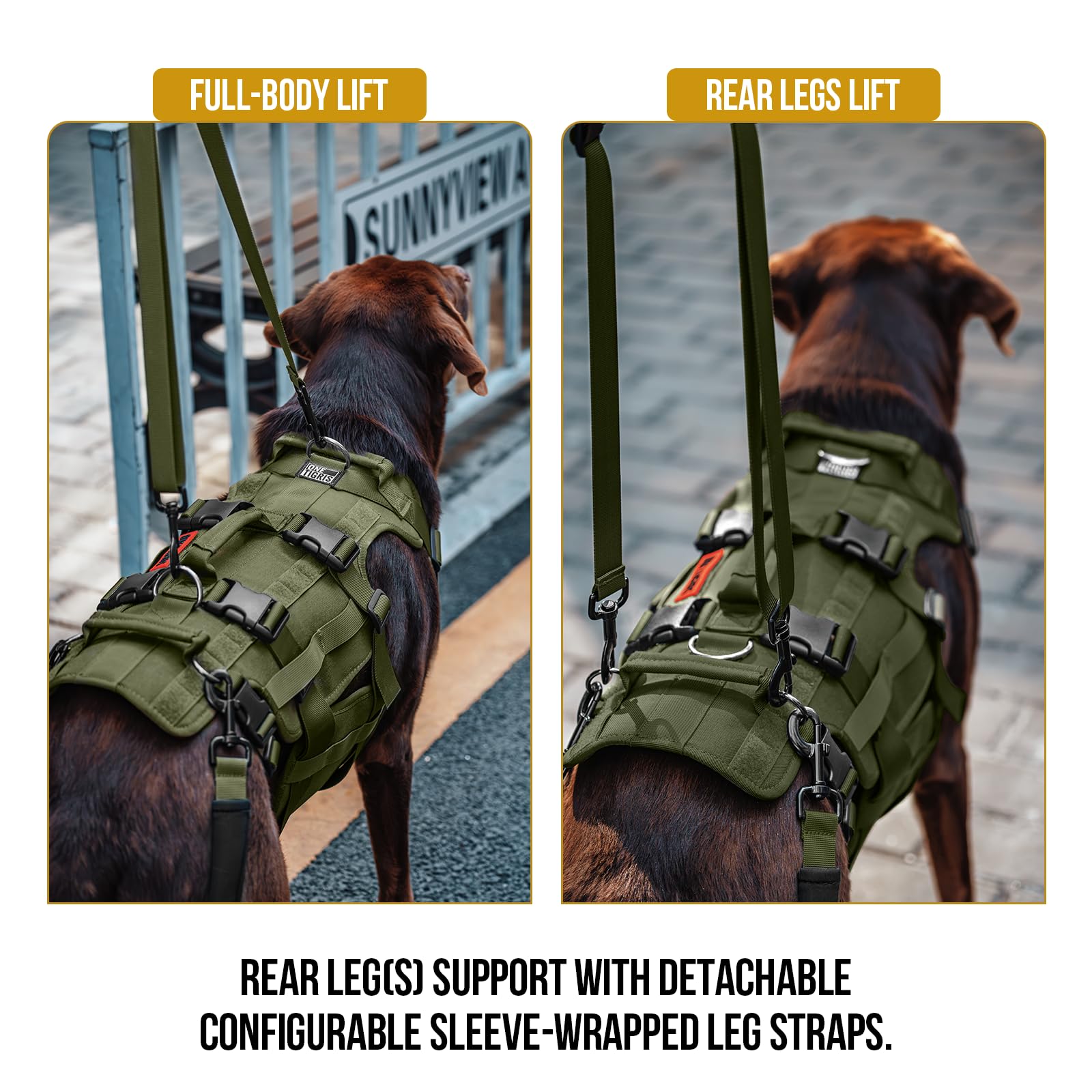 OneTigris dog lift harness handles provide 360° assistance during sit-to-stand movements.