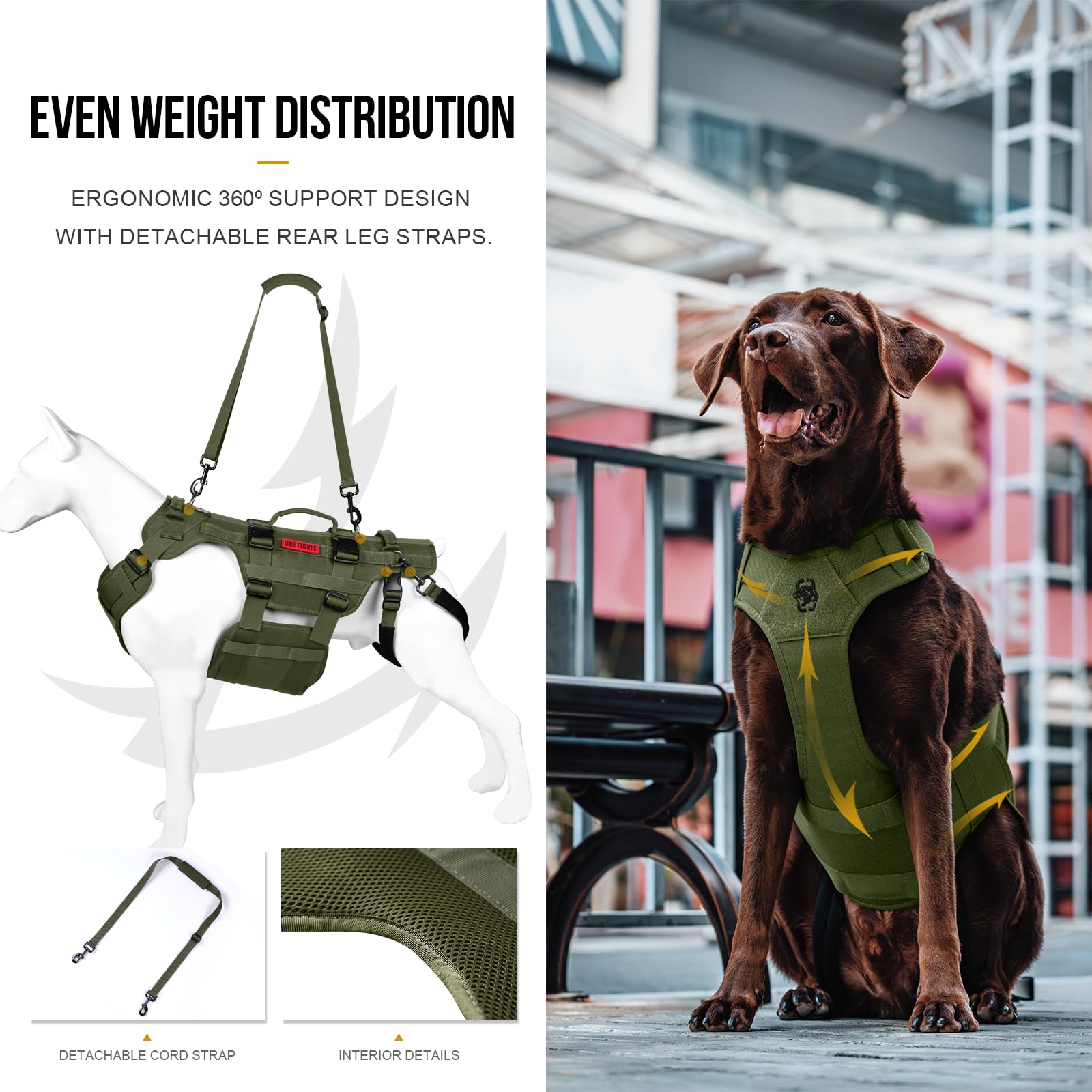 ONETIGRIS Leg-straps with anti-chafe sleeves ease rear-leg support during movement.
