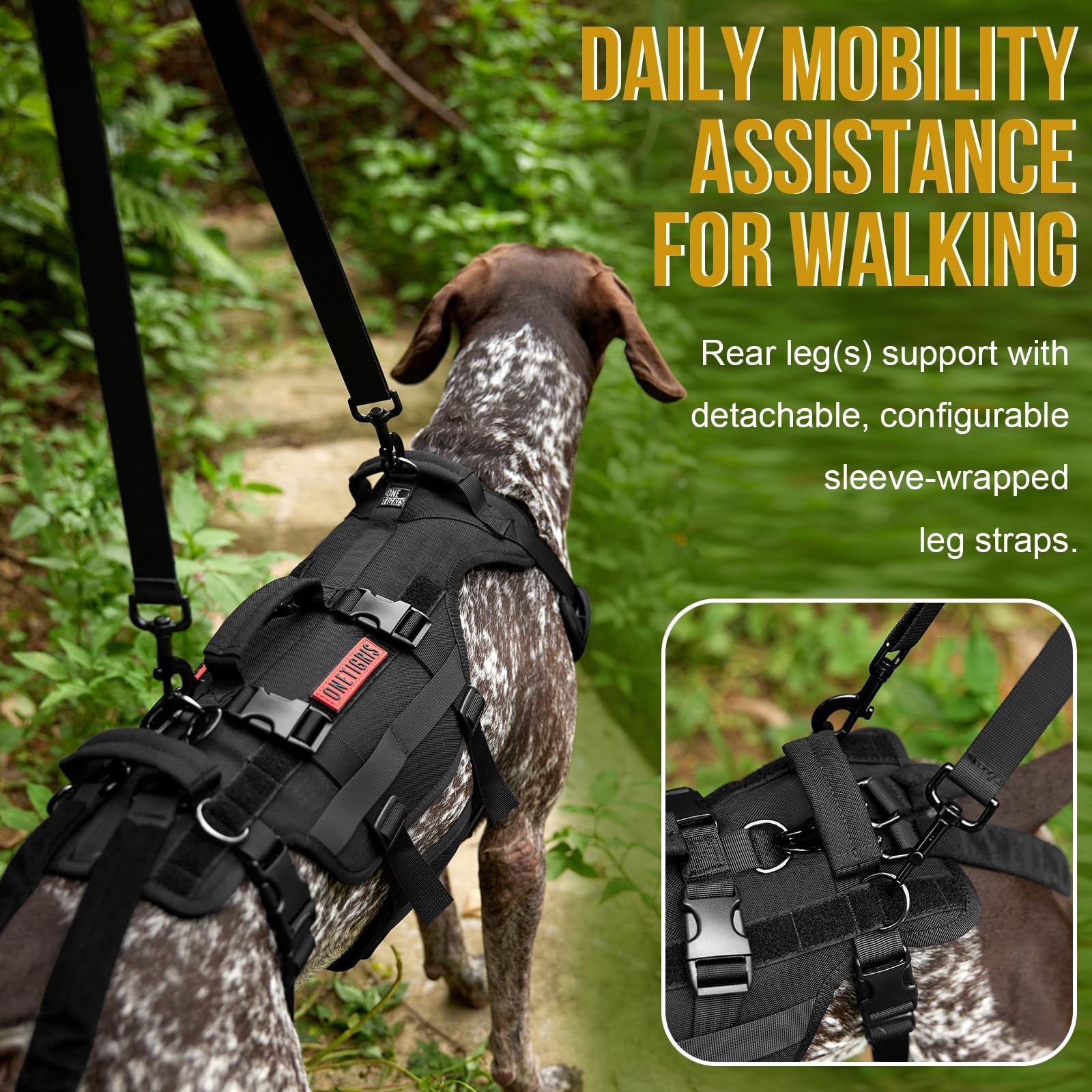 OneTigris dog lift harness rear leg straps reduce friction with anti-chafing sleeves.