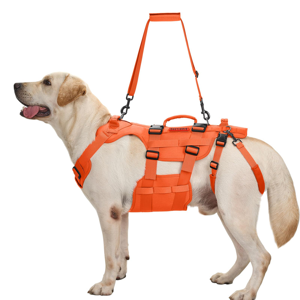 OneTigris dog lift harness size chart shows six adjustable fits.