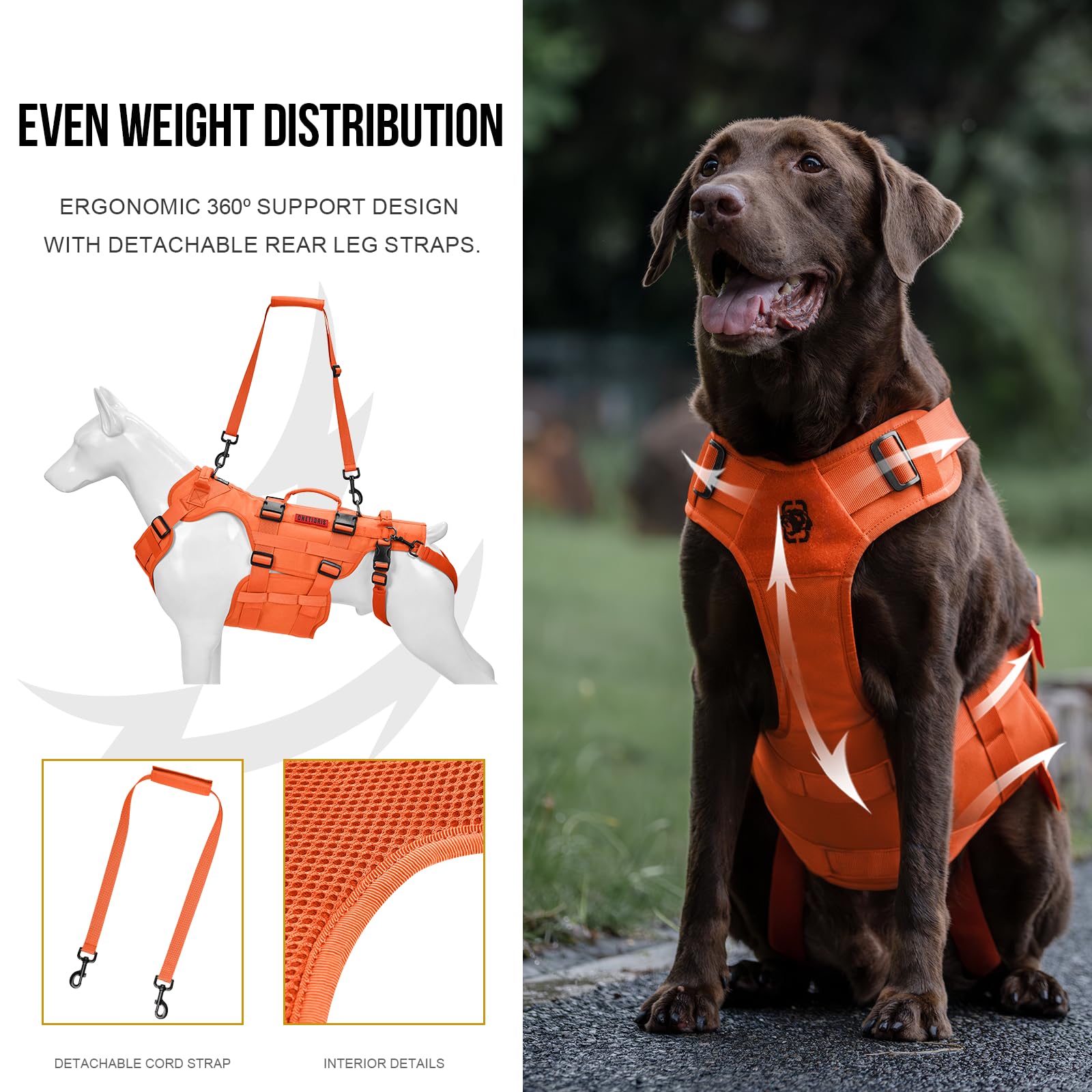 OneTigris dog lift harness stainless hardware highlights durability and easy adjustments.