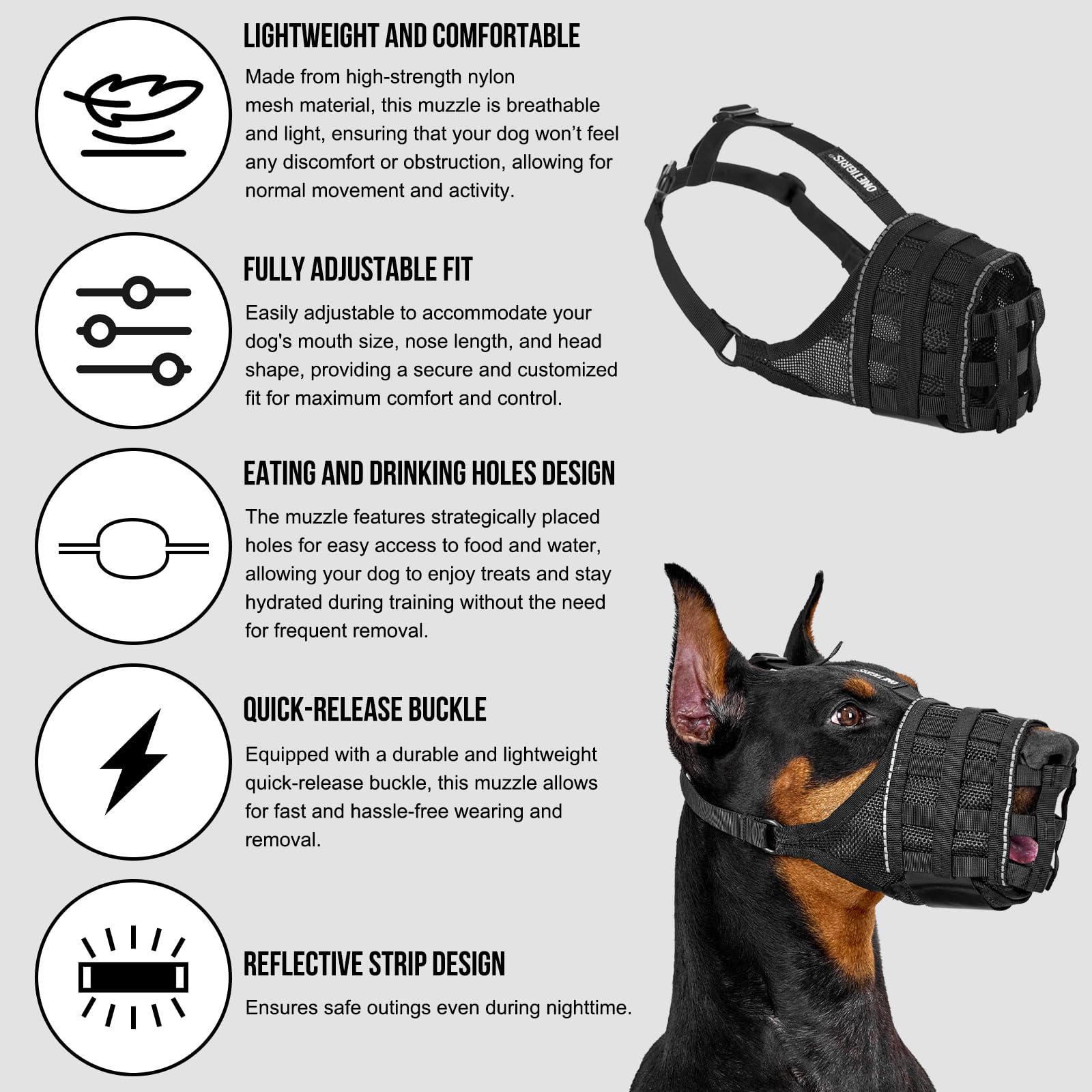 OneTigris dog muzzle open frame design enabling free breathing