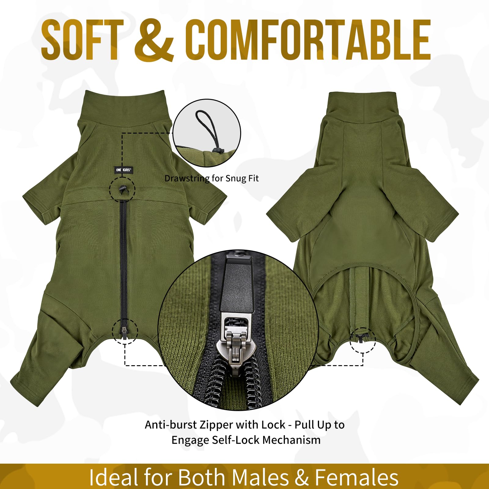 OneTigris Dog Pajamas zipper detail confirms secure back-locking zipper for easy wear.