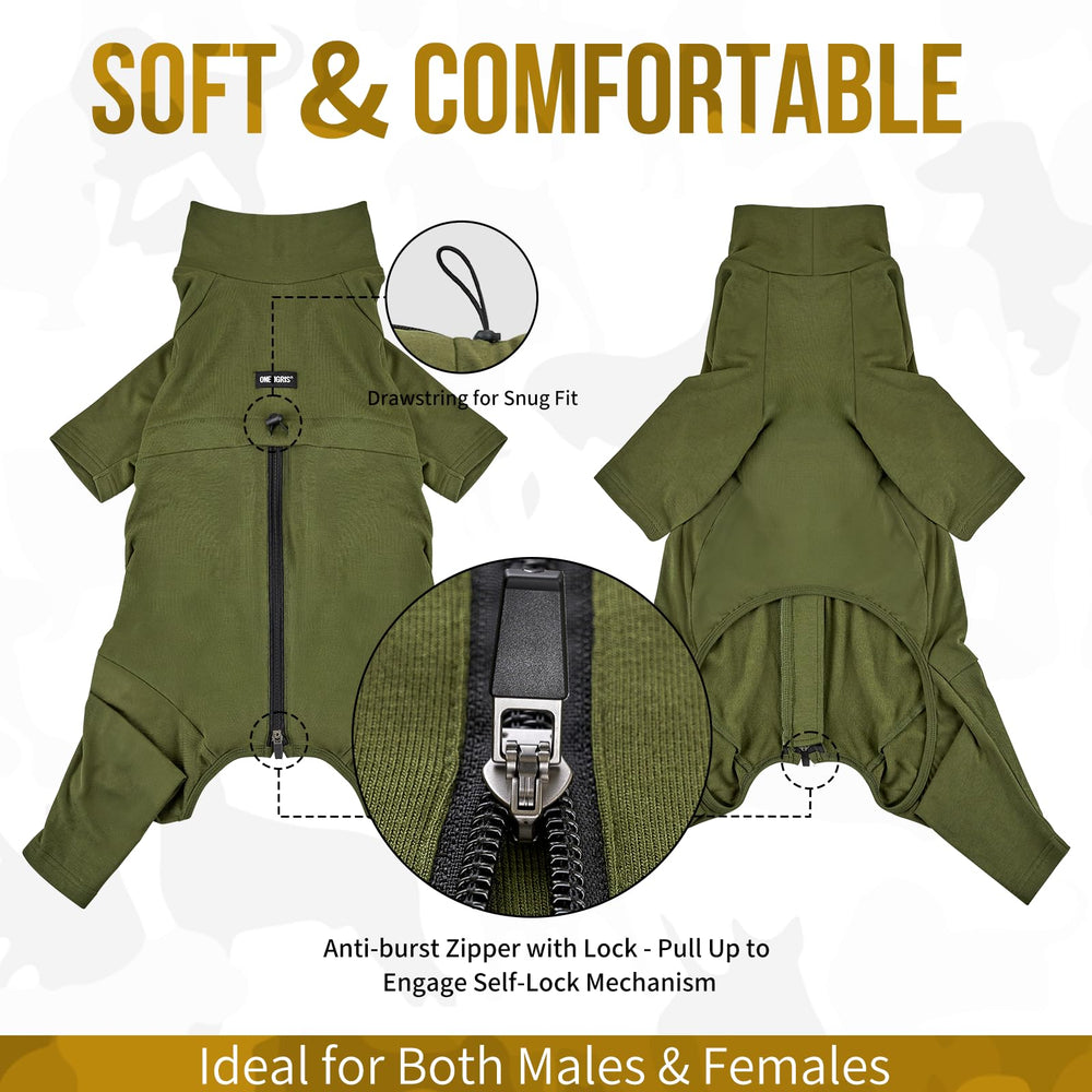 OneTigris Dog Pajamas zipper detail confirms secure back-locking zipper for easy wear.