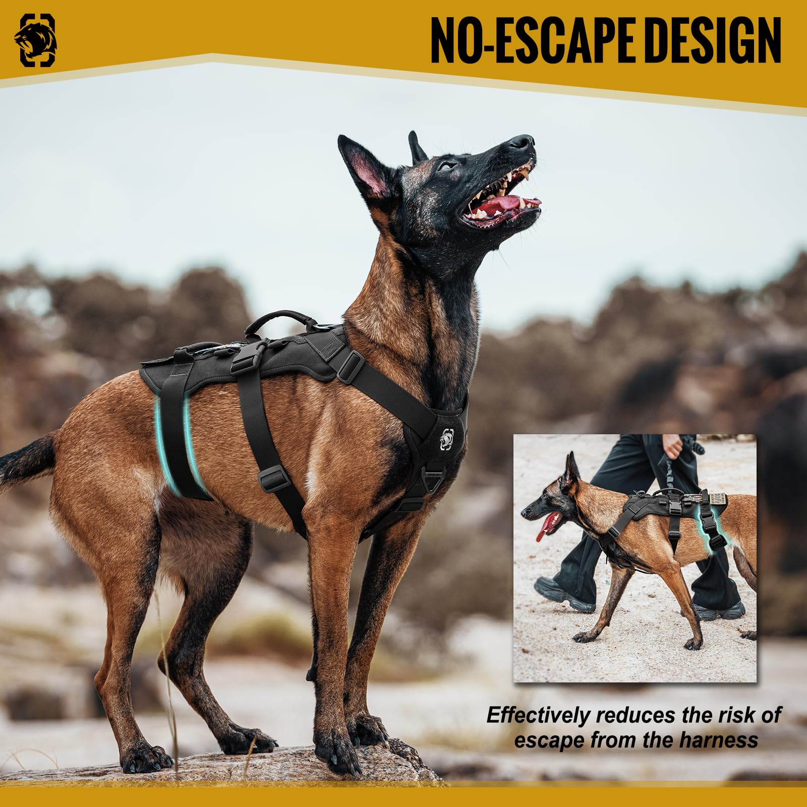 OneTigris escape-proof harness close-up shows breathable mesh lining for cooling comfort.