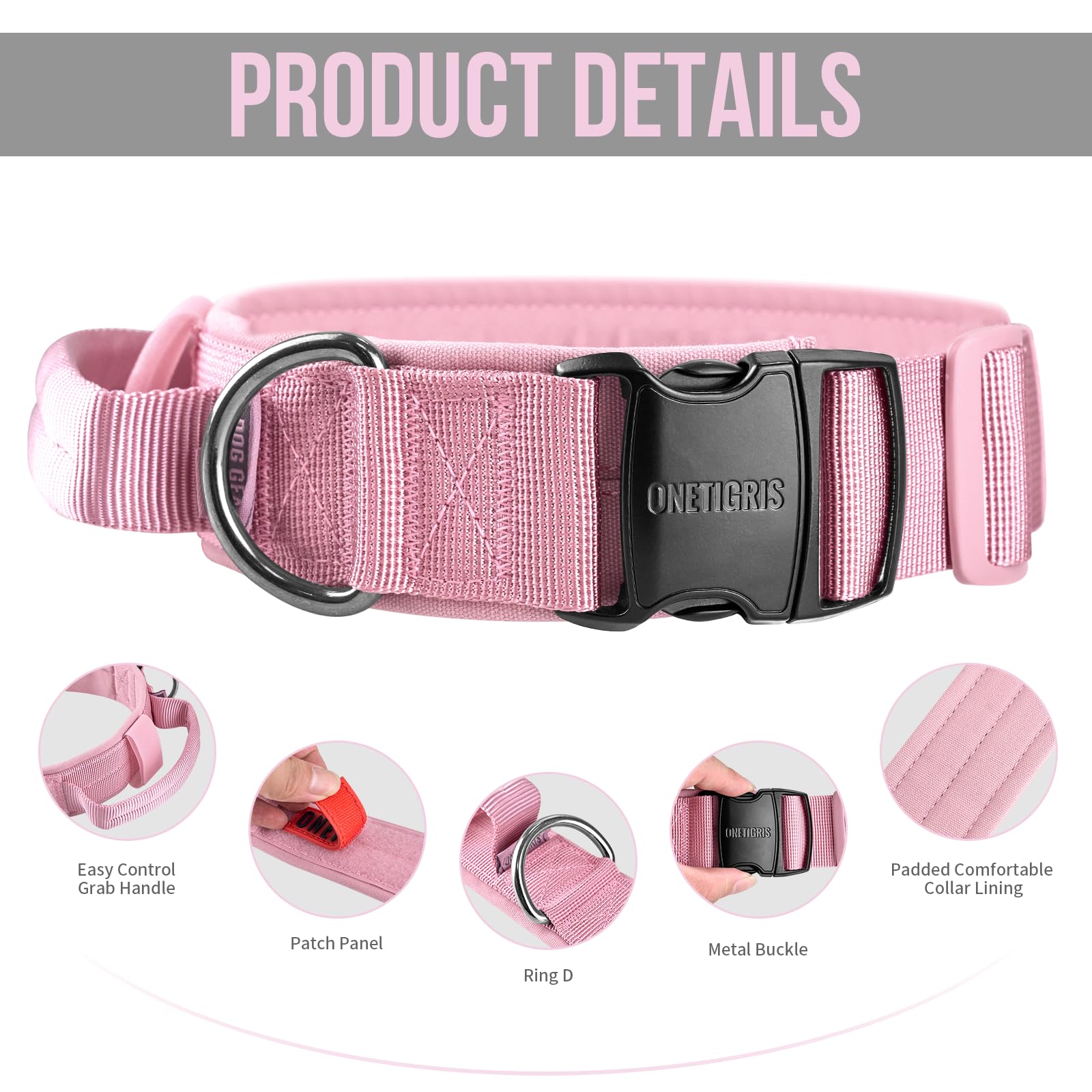 OneTigris heavy-duty metal buckle dog collar providing secure fit on hikes.