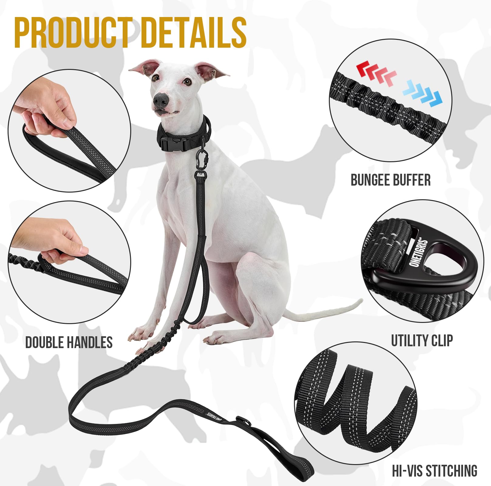 OneTigris leash showing its bungee section for shock absorption during lunges.