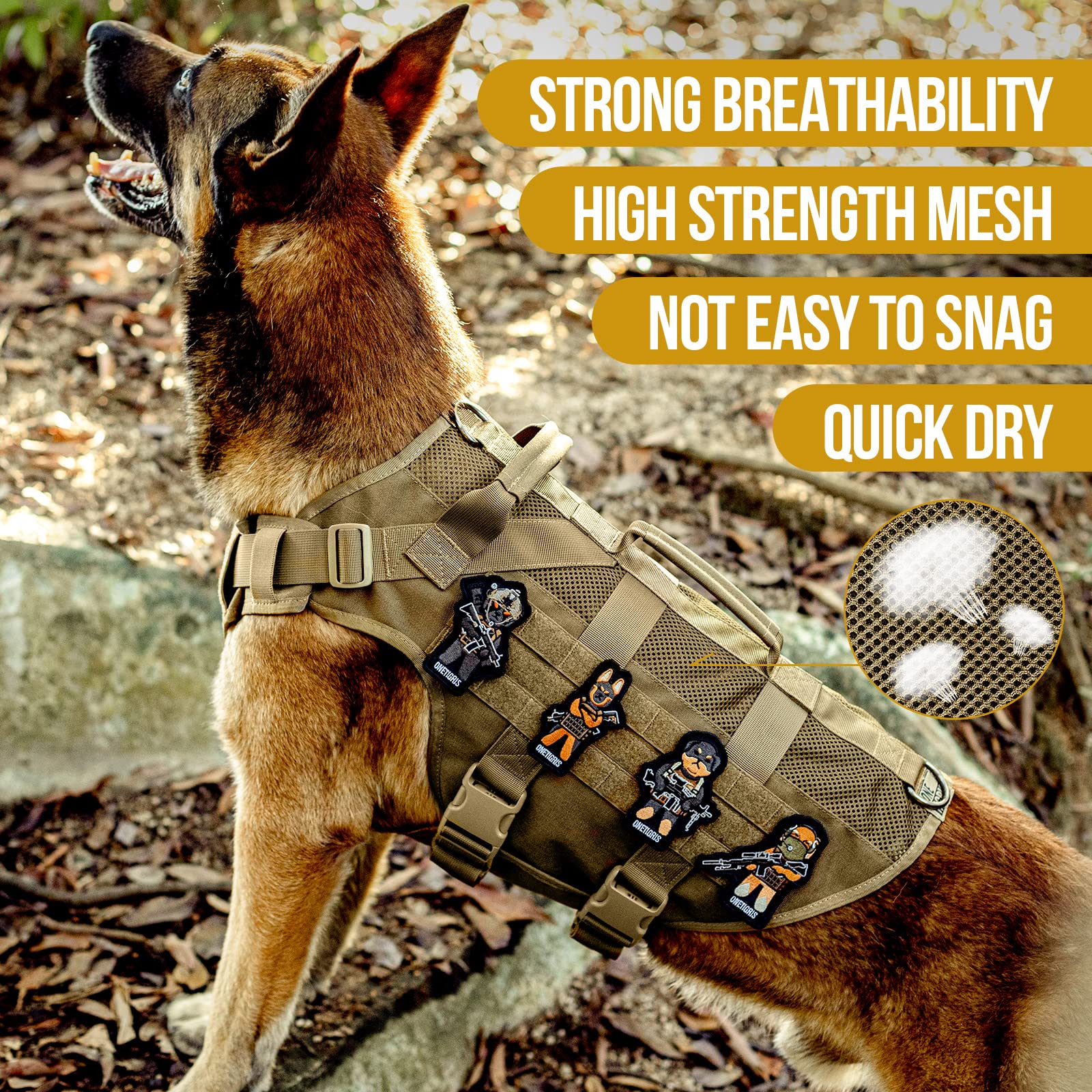 OneTigris No Pull harness back view highlights sturdy construction and control.