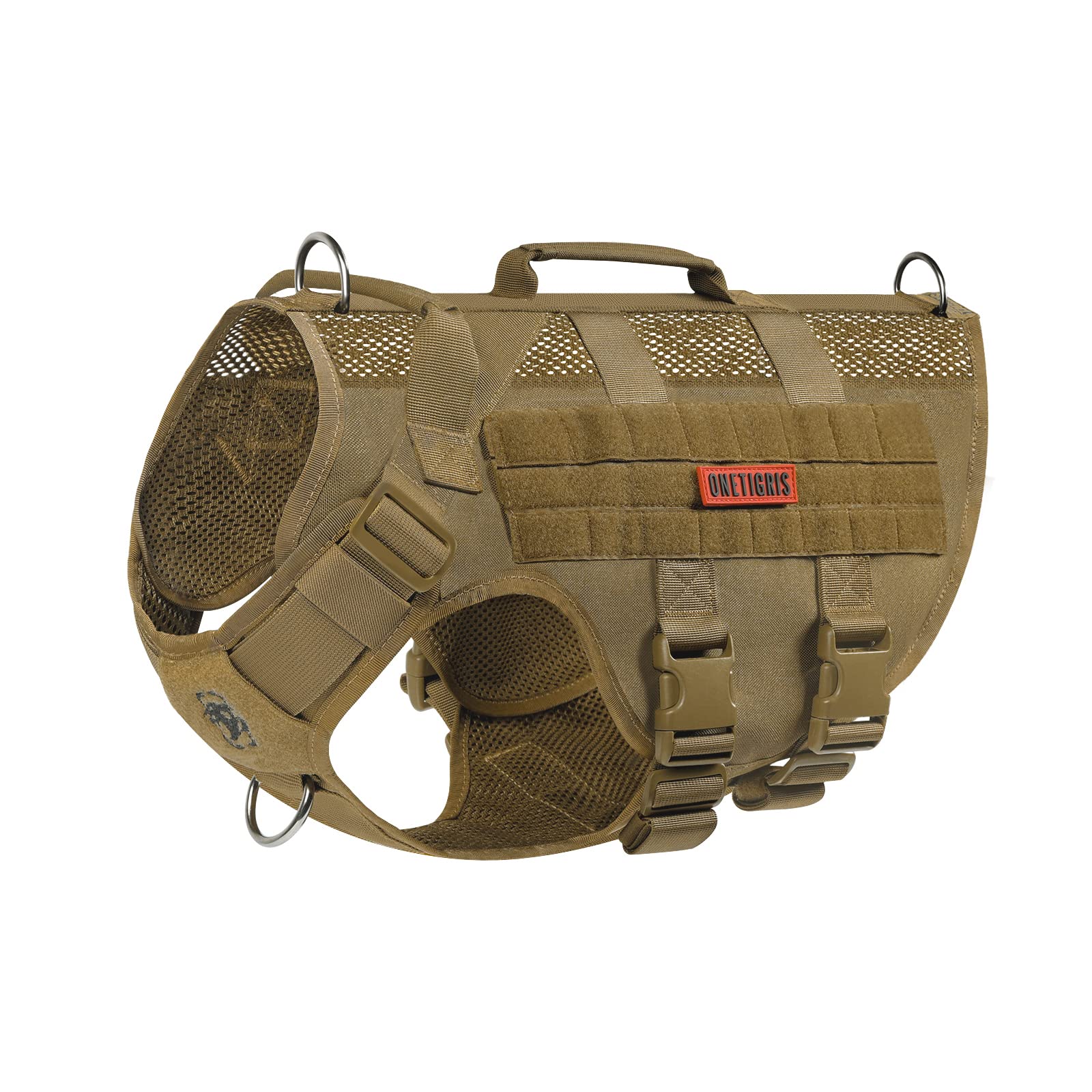 OneTigris No Pull Tactical Dog Harness brown front view showing secure fit for medium dogs