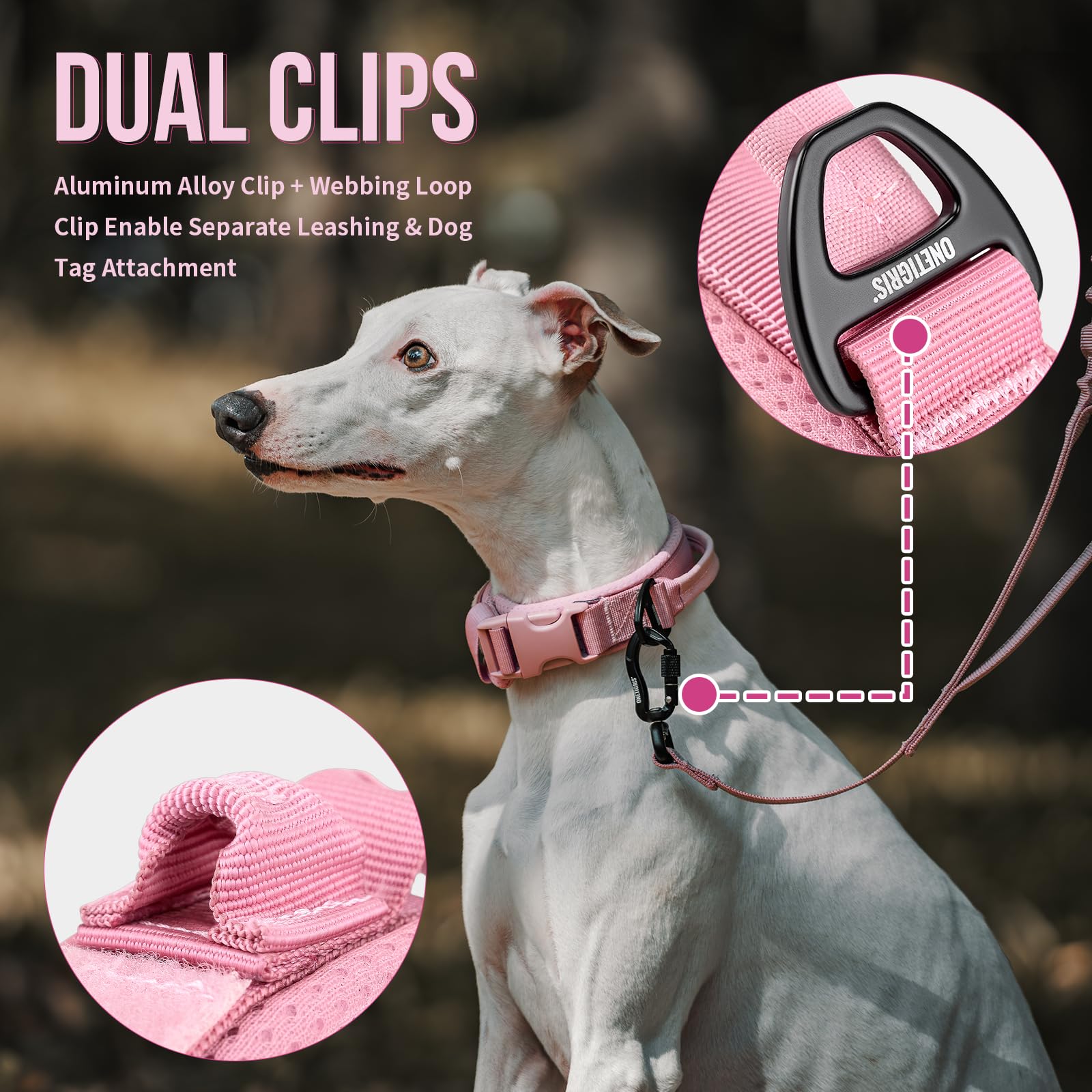 OneTigris pink dog collar with adjustable sizes to fit small dogs securely.