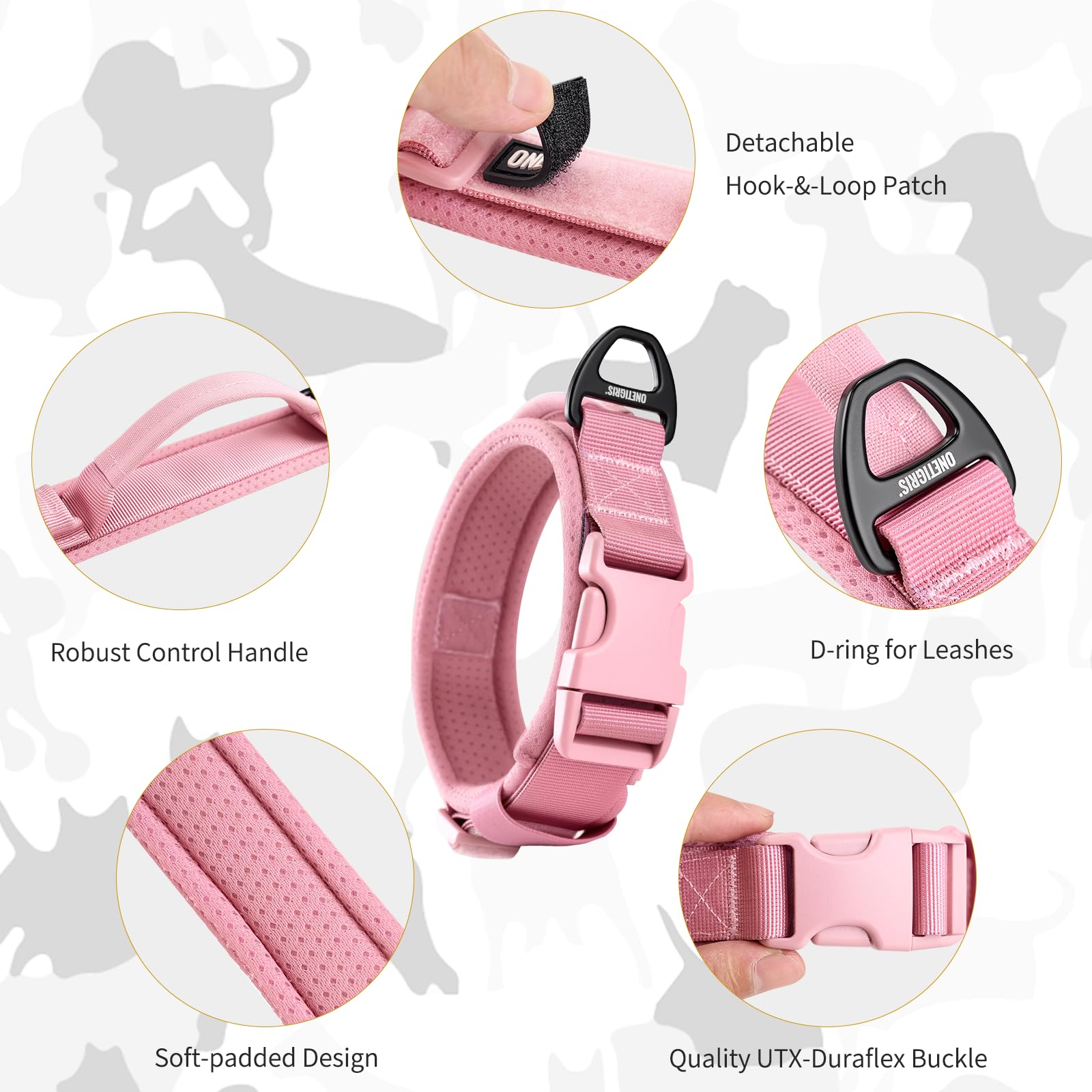 OneTigris pink dog collar control handle for guiding your pup safely during walks.