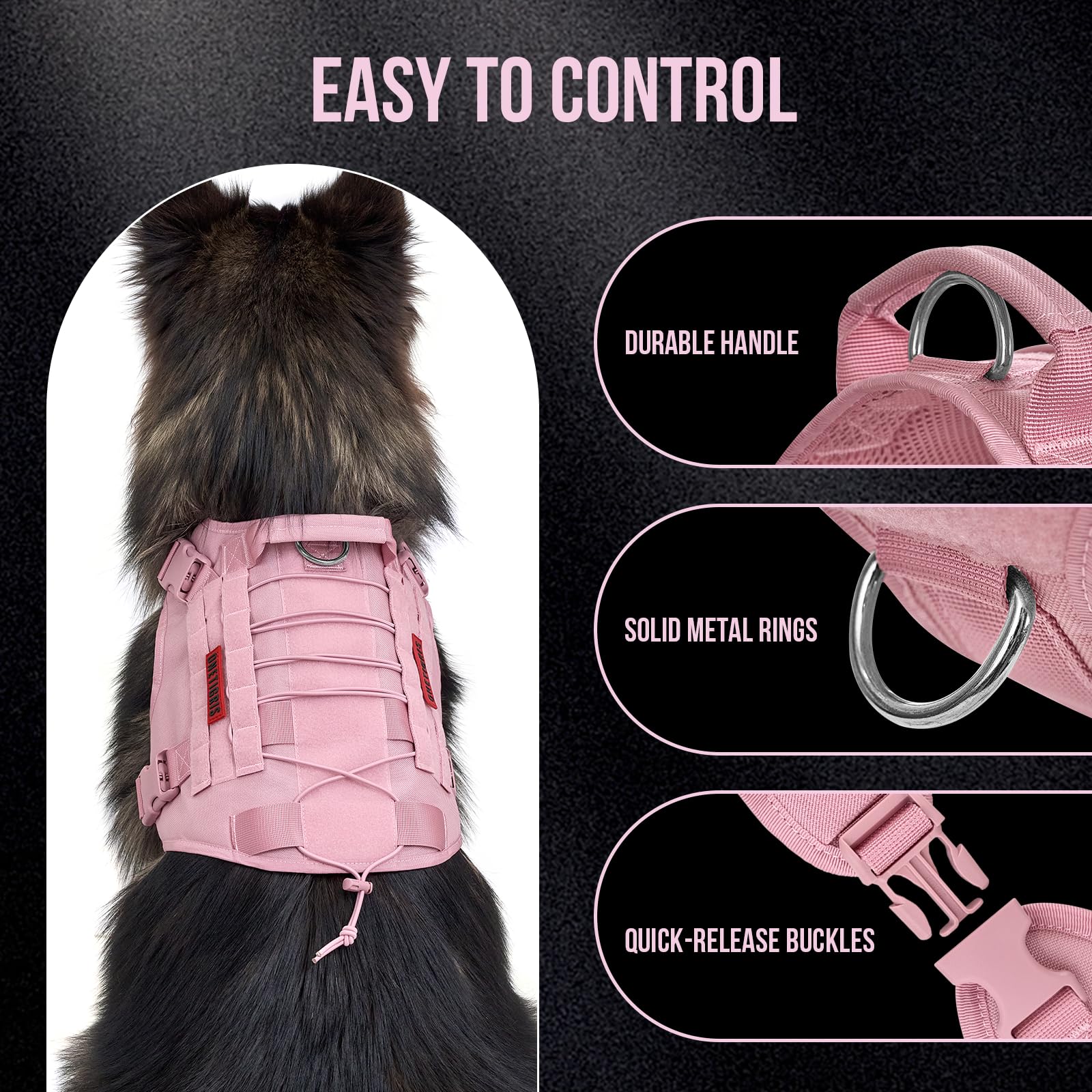 OneTigris pink dog harness back view with top handle for control