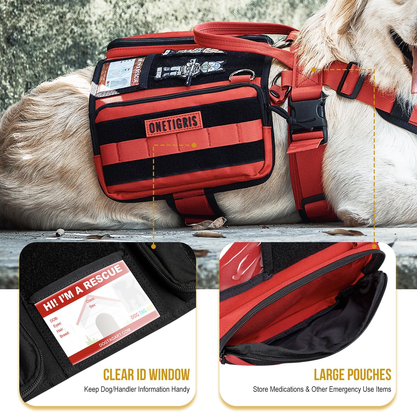 OneTigris vest features ID window and D-rings for quick access and control.