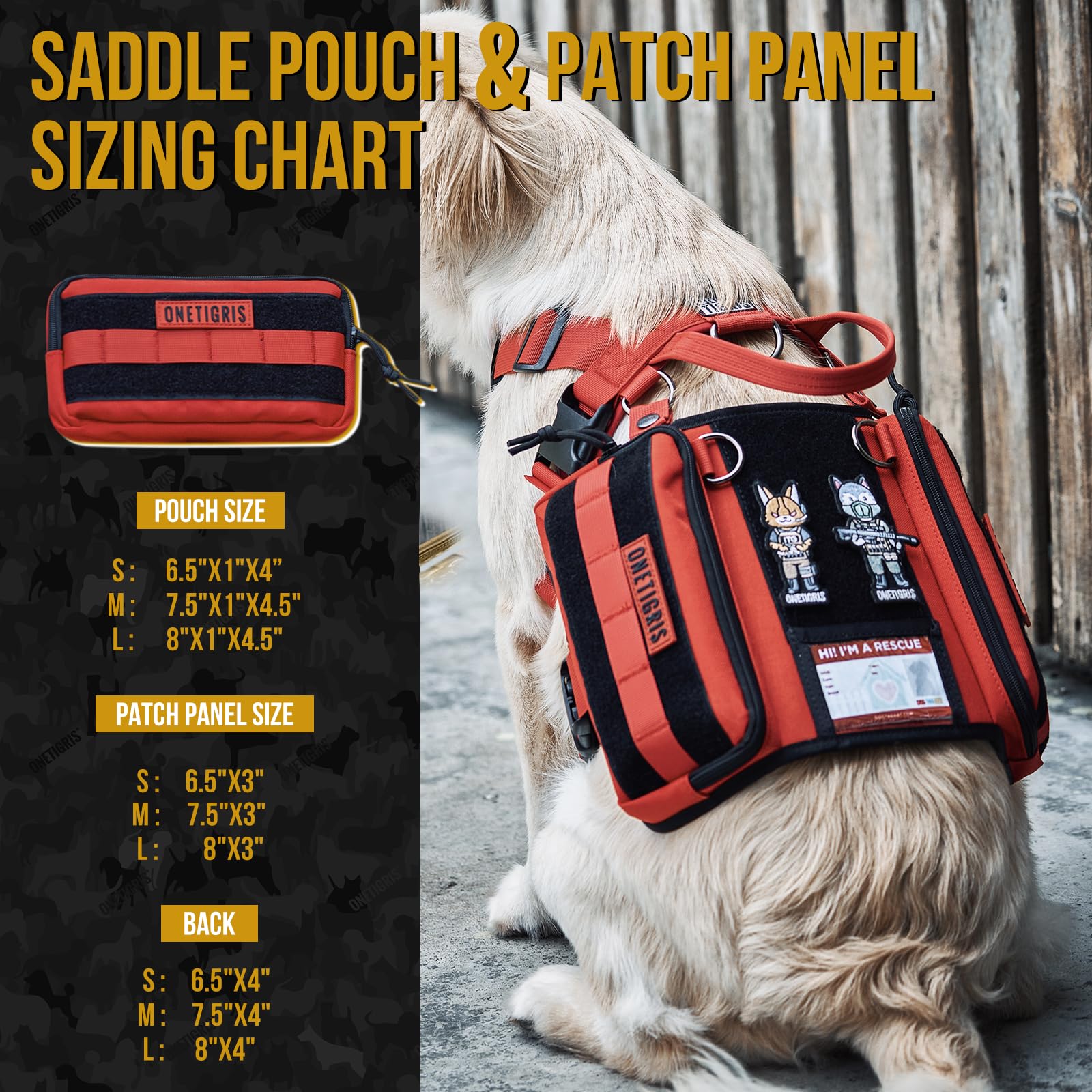 OneTigris service dog vest red pouches showcased for treats, toys, and small gear.