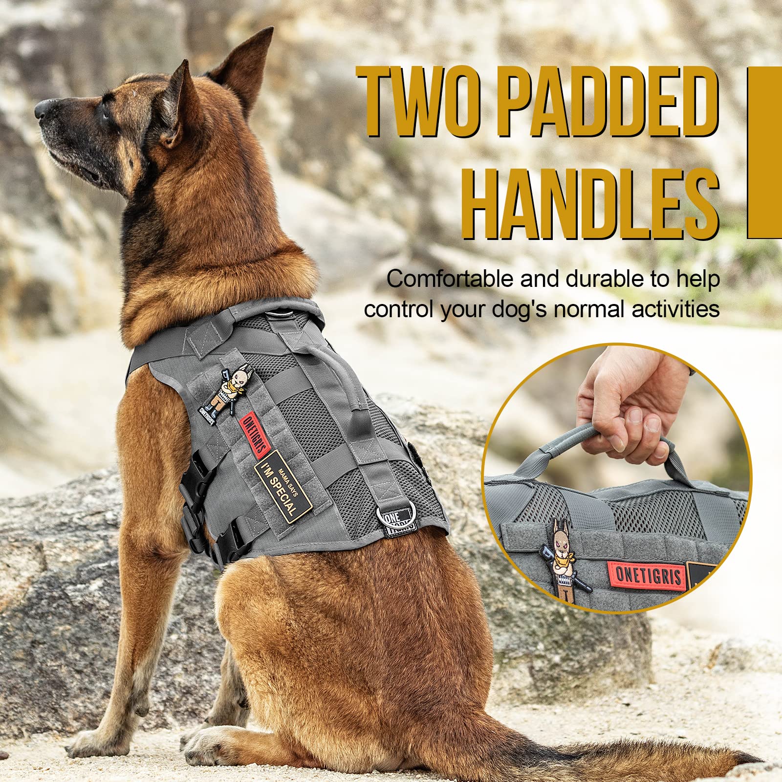 ONETIGRIS harness side grab handles enable quick control in crowded areas.
