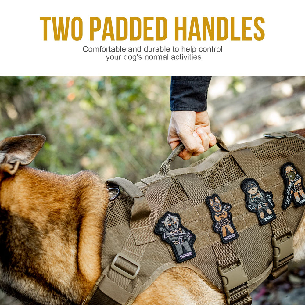 OneTigris tactical dog harness XS back view highlighting MOLLE and handles.