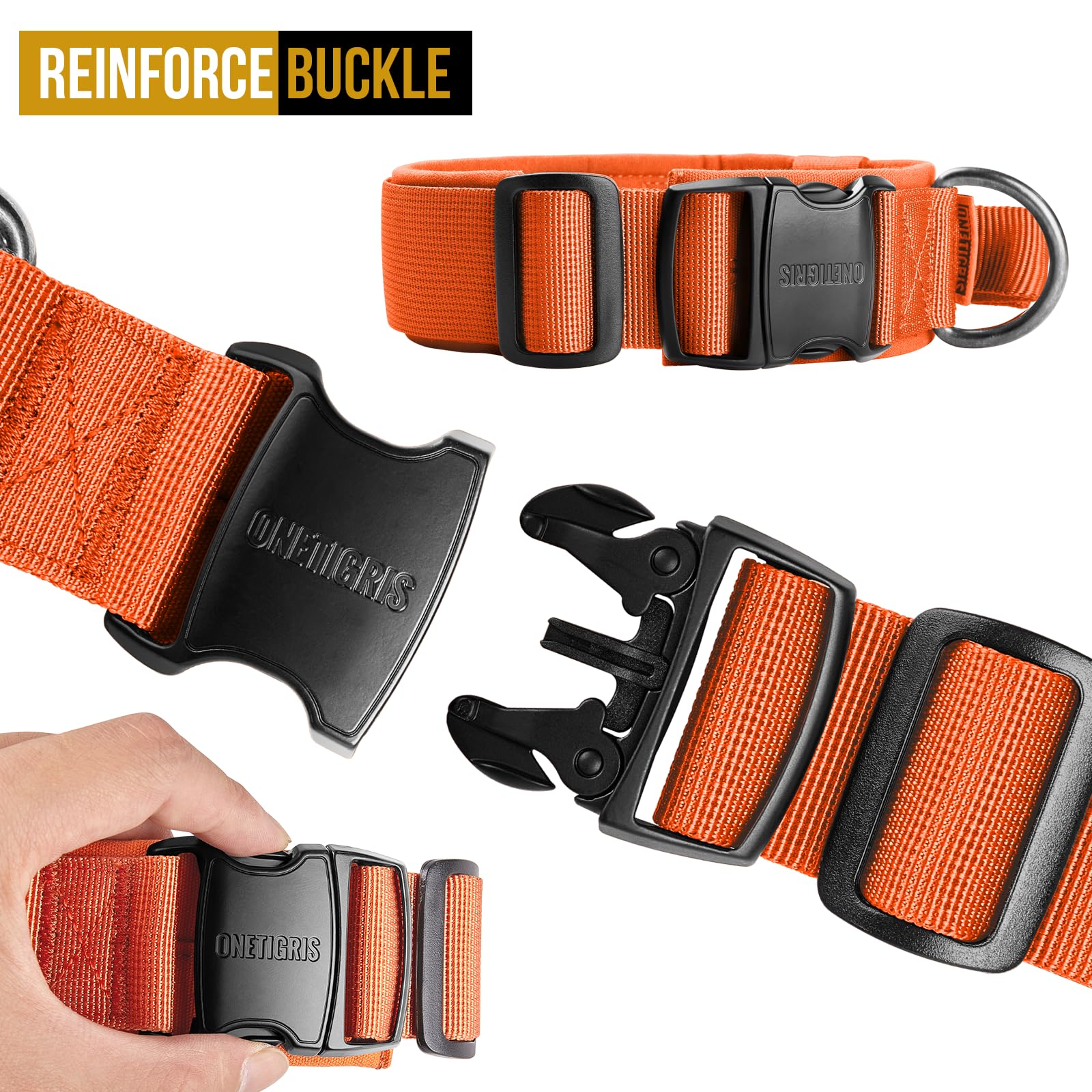 ONETIGRIS Tough Dog Collar metal buckle provides secure fit during intense training and daily wear.