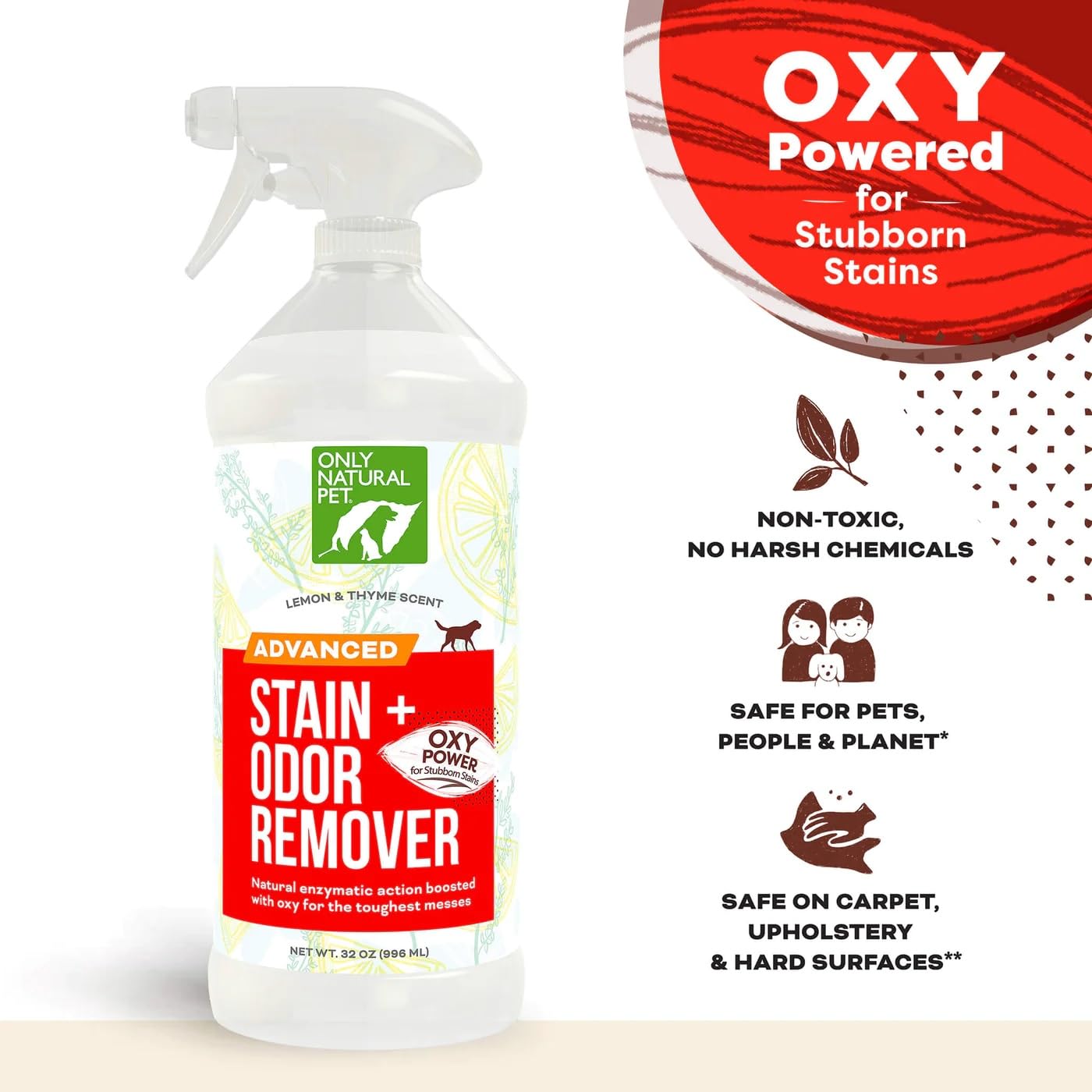 Only Natural Pet Advanced Dog Stain + Odor Remover label highlights Oxy enzymatic action.