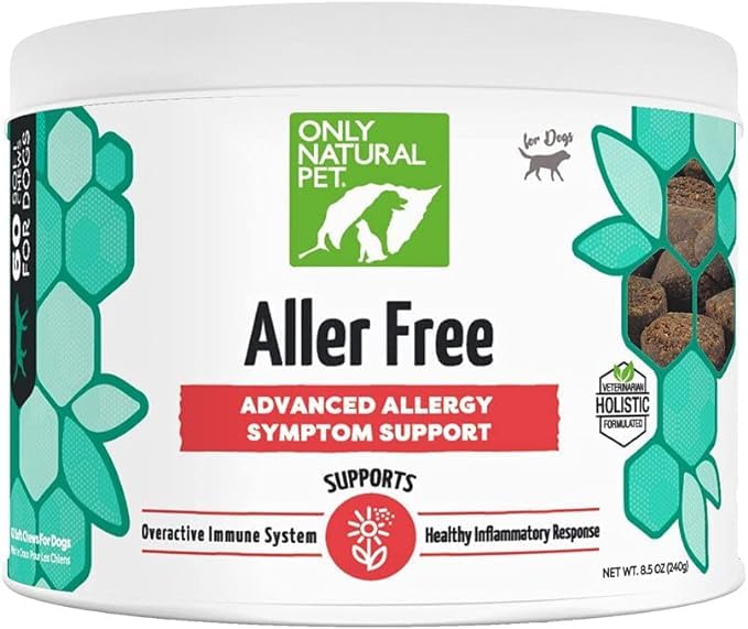 Only Natural Pet AllerFree Advanced bottle back shows natural ingredients and dosing guidance.