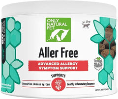 Only Natural Pet AllerFree Advanced bottle back shows natural ingredients and dosing guidance.