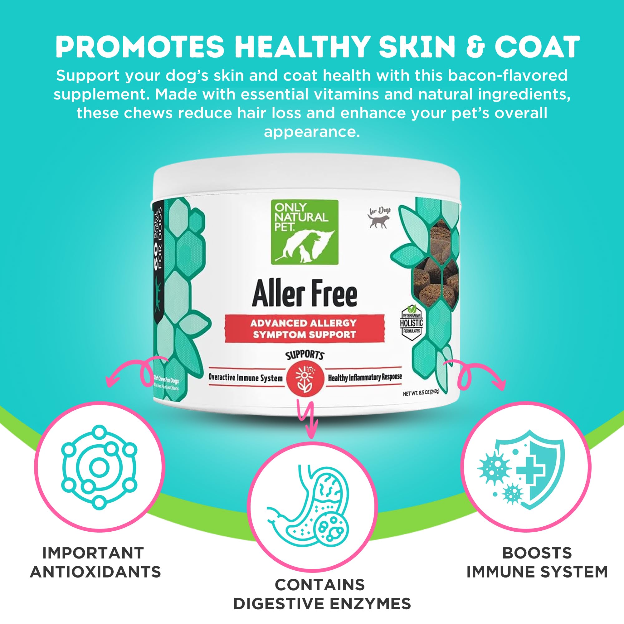 Close-up of AllerFree soft chews highlights bacon flavor for easy administration.
