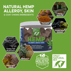 Only Natural Pet Allergy Skin Coat Hemp Soft Chews bottle back showing ingredients and dosage guidance for dogs