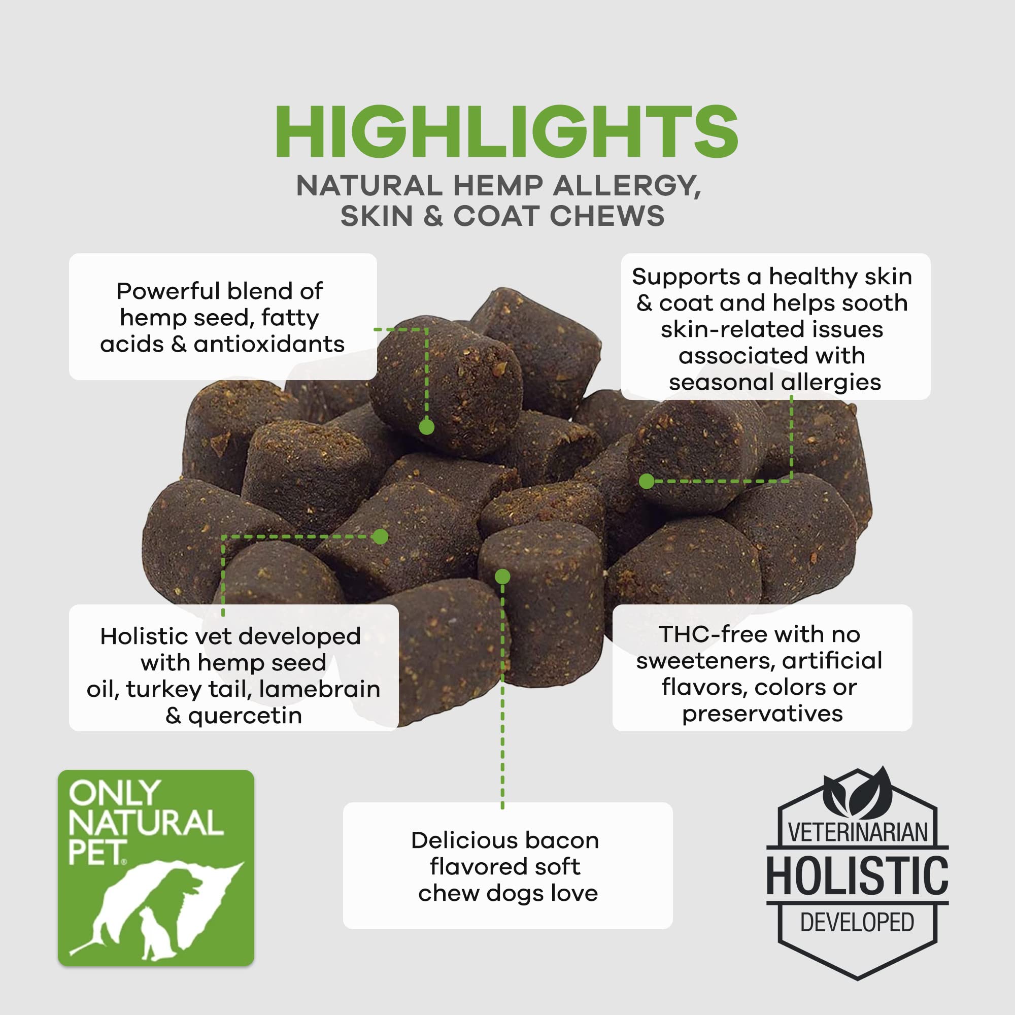 Only Natural Pet Allergy Skin Coat Hemp Soft Chews dog sniffing treat indicating palatable relief