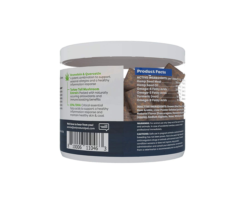 Only Natural Pet Allergy Skin Coat Hemp Soft Chews in use with a dog enjoying a daily treat