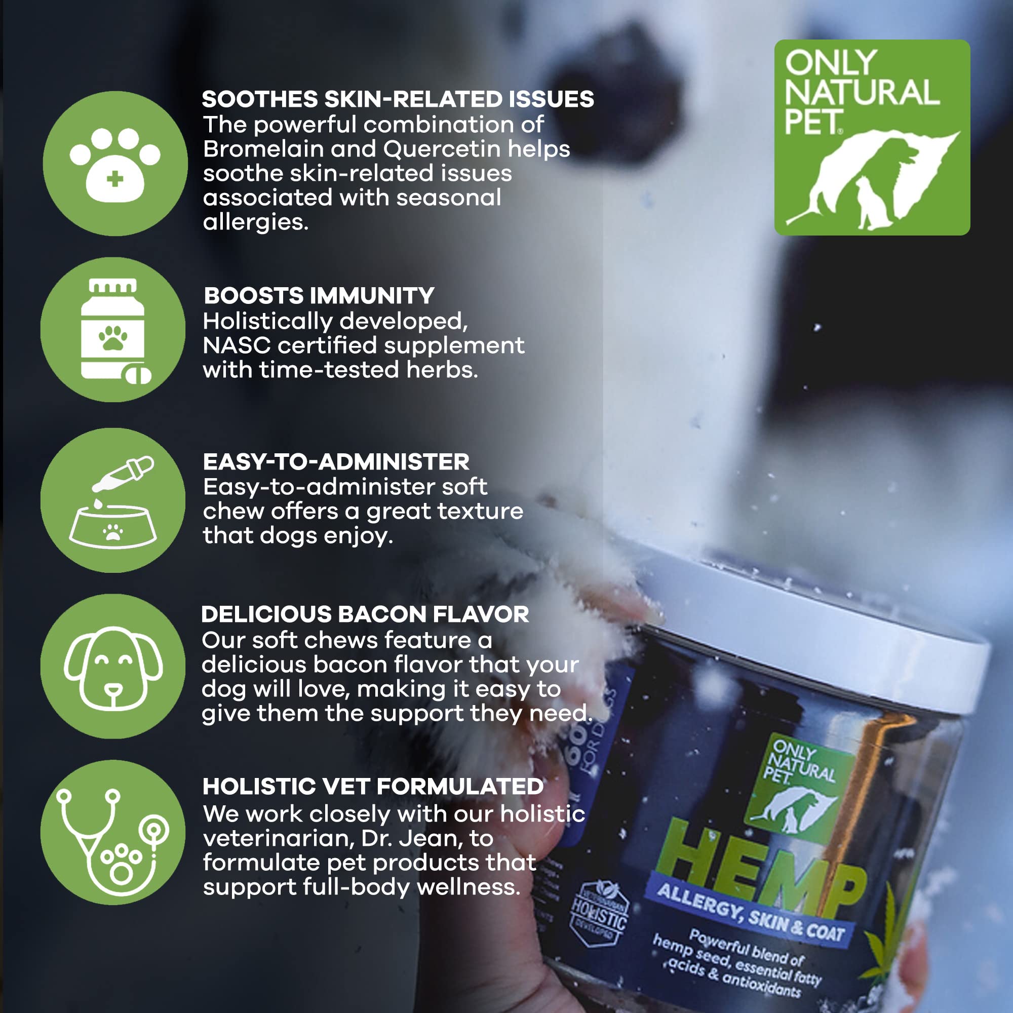 Only Natural Pet Allergy Skin Coat Hemp Soft Chews packaging box emphasizing holistic vet-developed formula