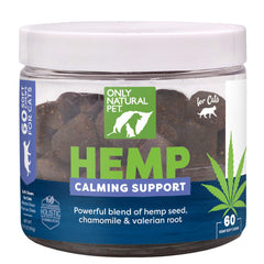 Only Natural Pet Calming Hemp Soft Chews bottle for cats promotes relaxed travel moments.