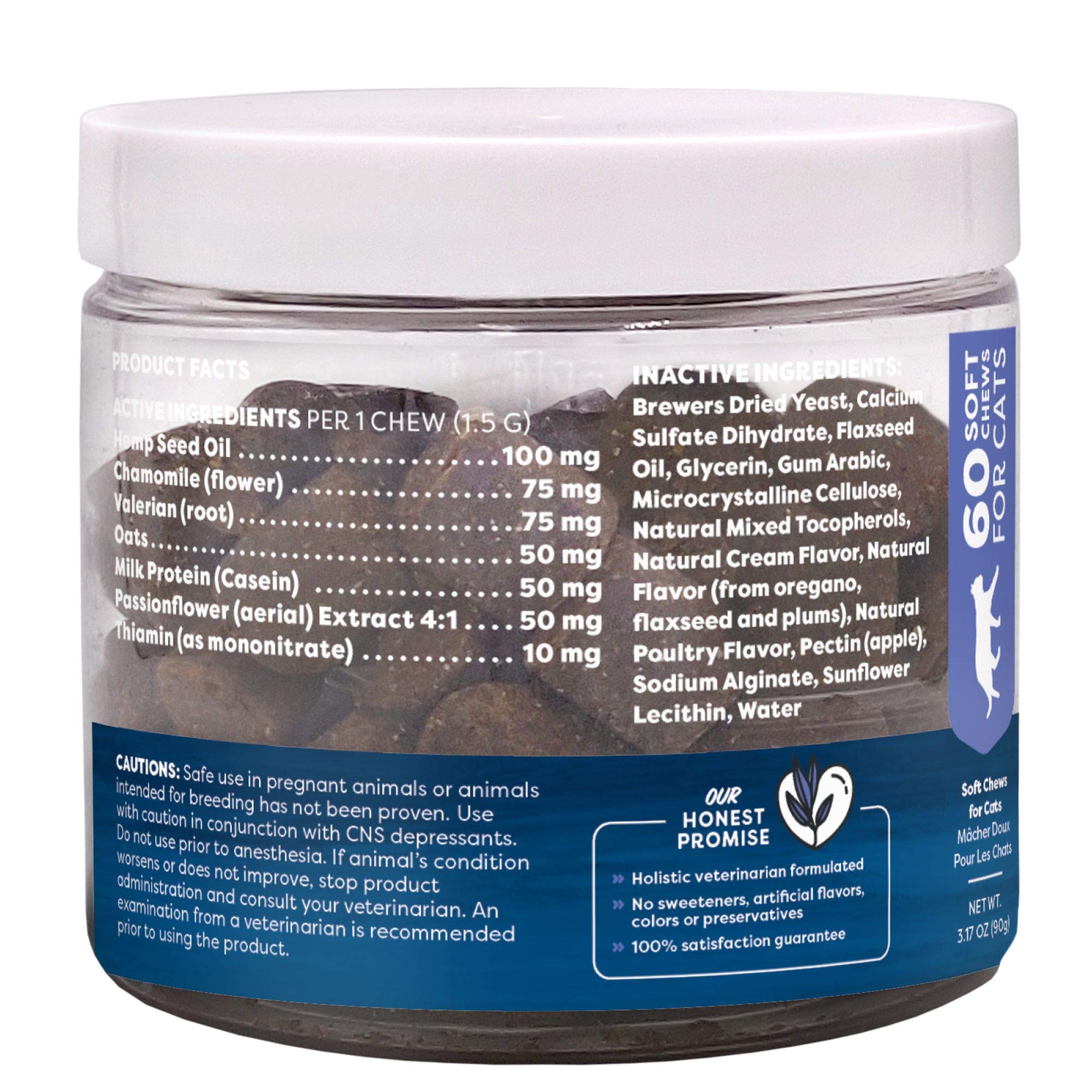 Only Natural Pet Calming Hemp Soft Chews ingredients hemp seed oil highlight soothing botanicals.