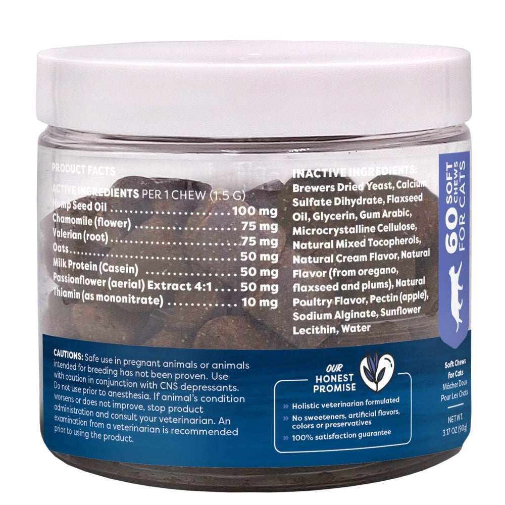 Only Natural Pet Calming Hemp Soft Chews ingredients hemp seed oil highlight soothing botanicals.
