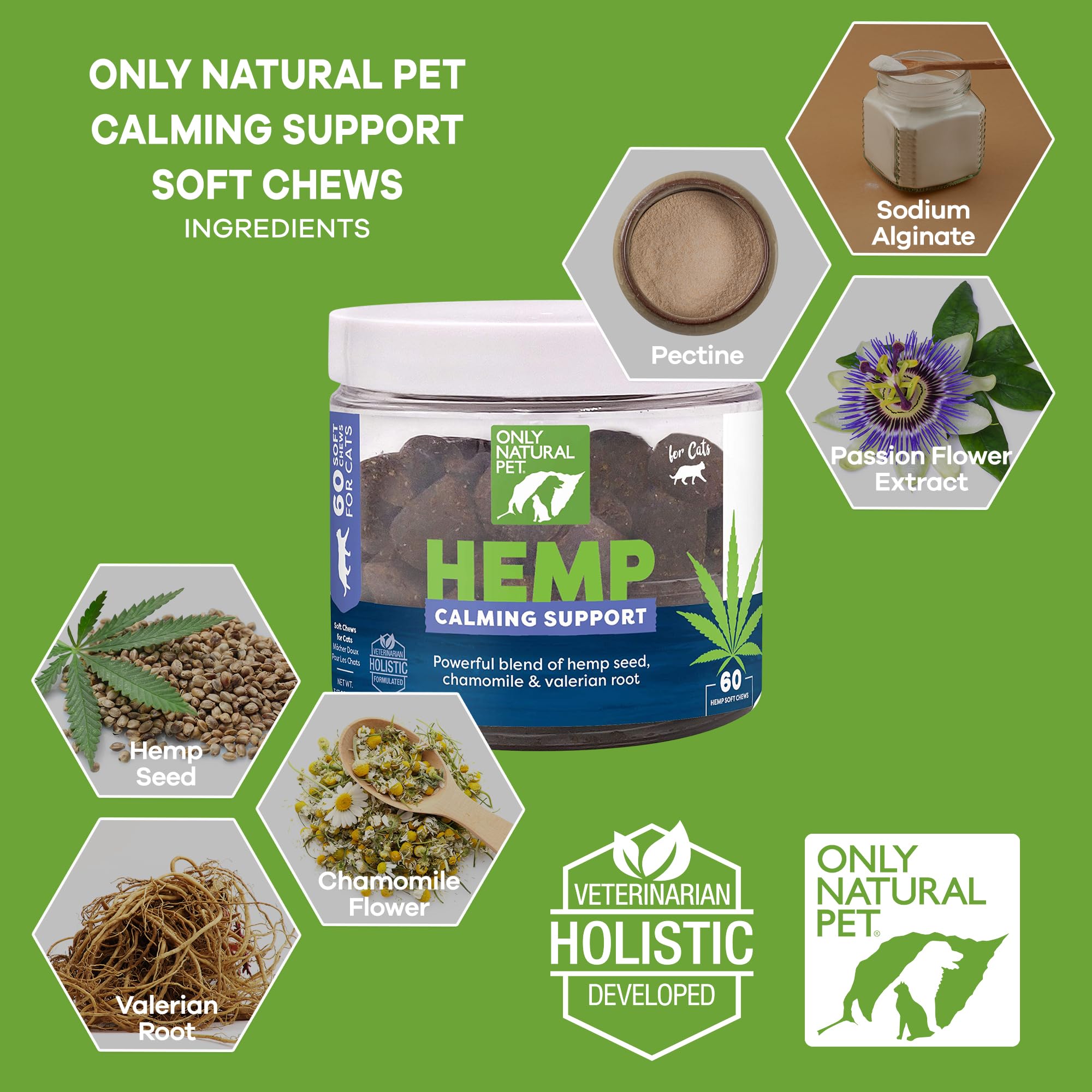 Only Natural Pet Calming Hemp Soft Chews cat passion flower supports quiet travel.
