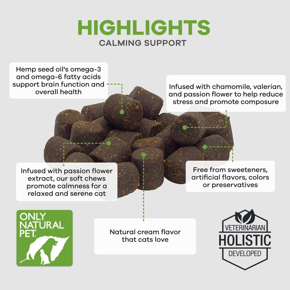 Only Natural Pet Calming Hemp Soft Chews cat flavor chicken liver eases administration.