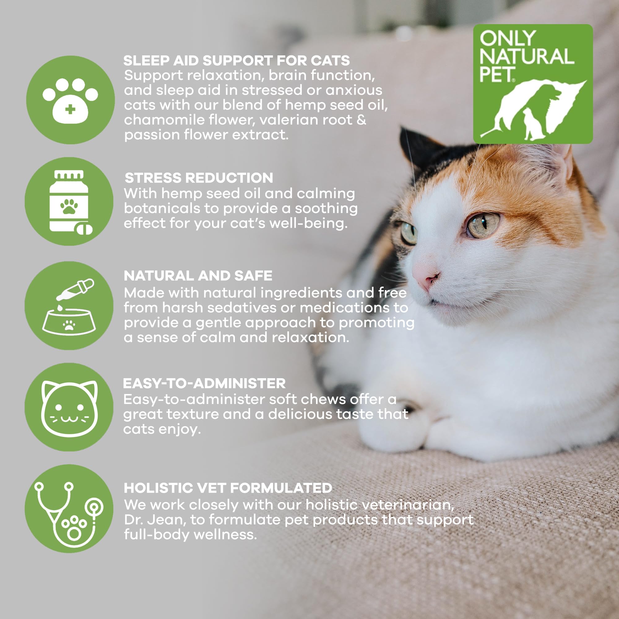 Only Natural Pet Calming Hemp Soft Chews cat valerian aids gentle calm before vet visits.