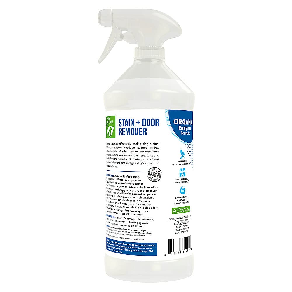 Only Natural Pet enzyme-powered stain-eliminator label closeup highlights fresh citrus scent.