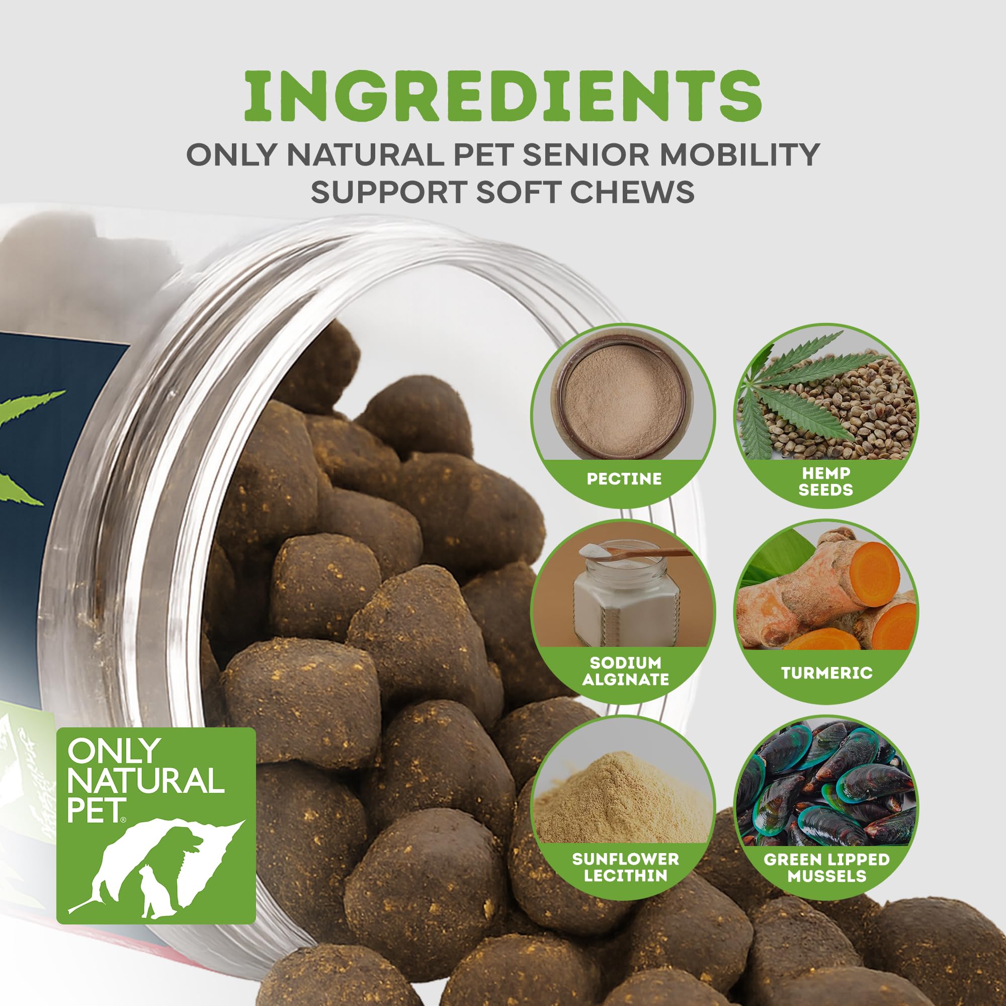 Only Natural Pet Hemp Advanced Mobility chews for dogs supporting mobility and occasional stiffness.