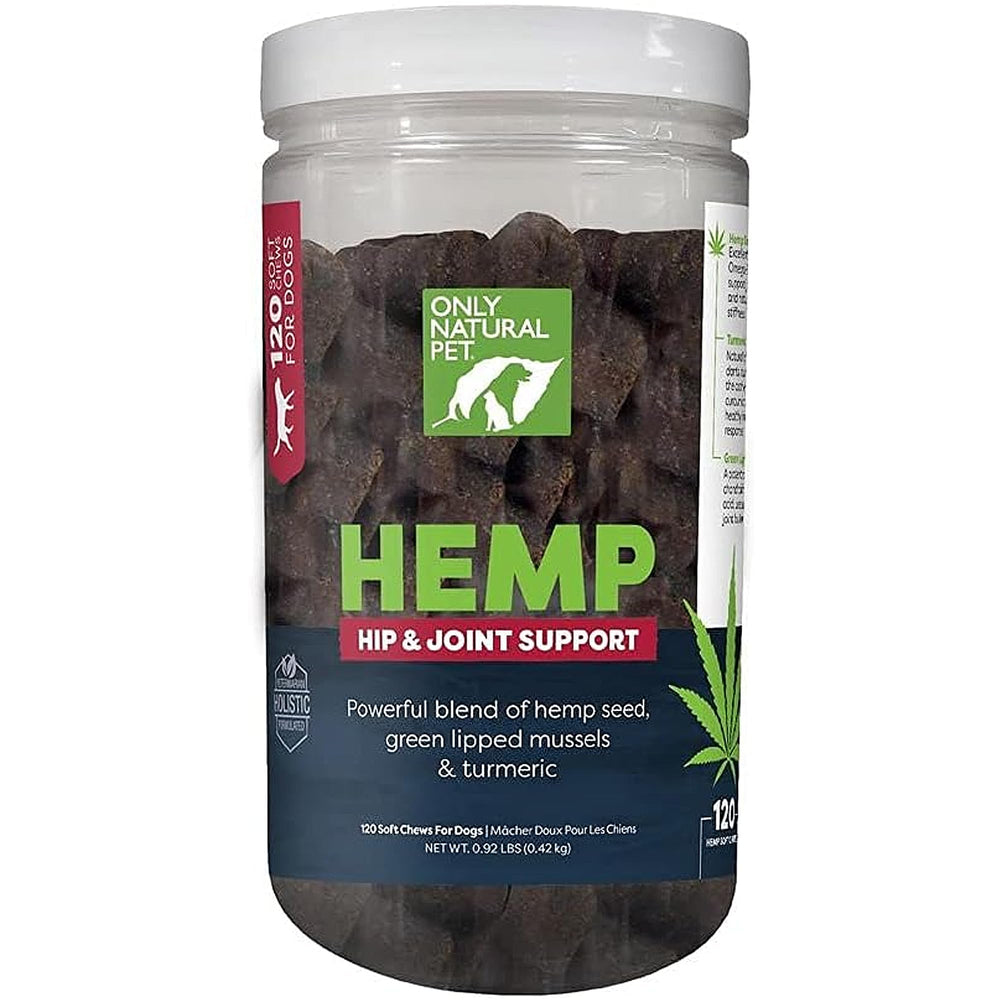 Only Natural Pet hemp hip joint chews bottle closeup supports mobility