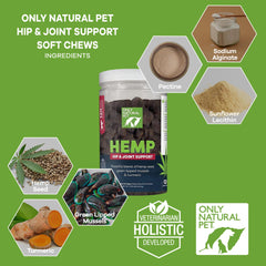 Only Natural Pet hemp hip joint supplement dog-eating scene highlights daily comfort potential