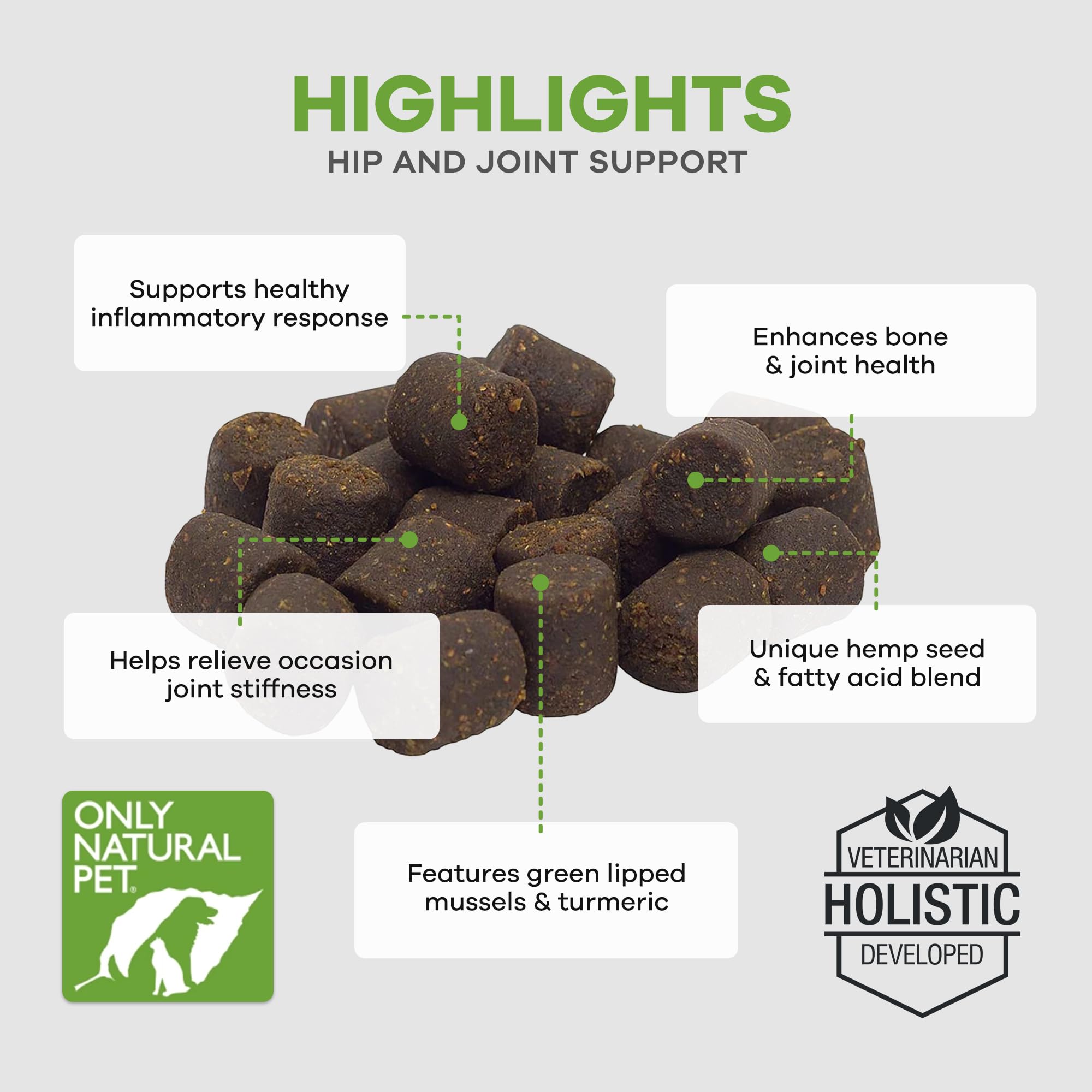 Only Natural Pet hip joint packaging label closeup highlights bone health potential