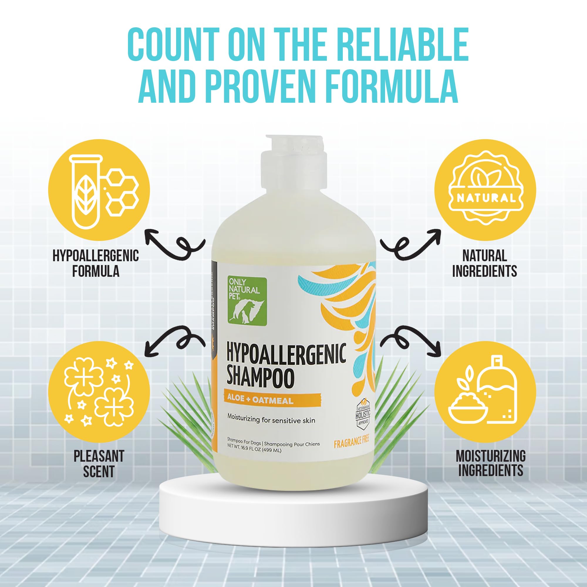 Only Natural Pet hypoallergenic shampoo foaming lather image showcases Aloe hydration for dry coats.