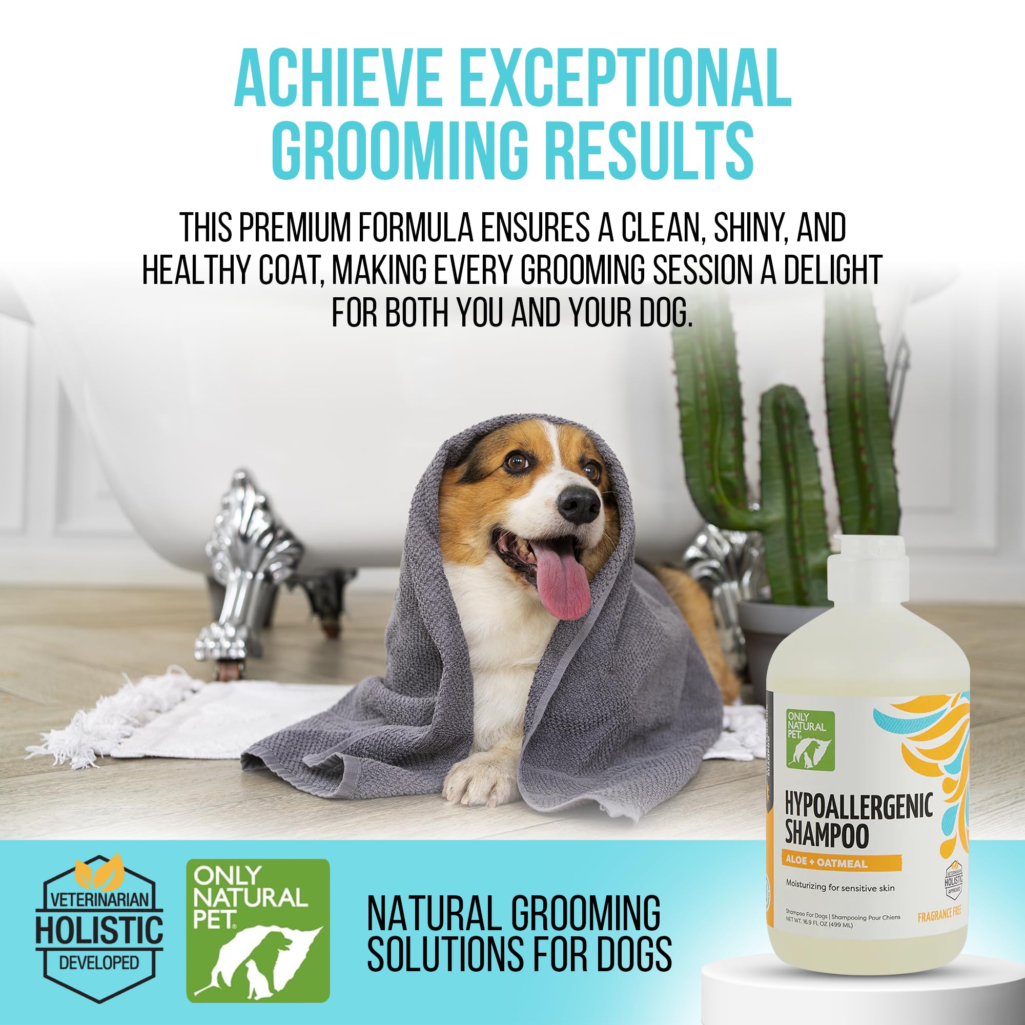 Only Natural Pet hypoallergenic shampoo label details emphasize natural ingredients and fragrance-free formula.