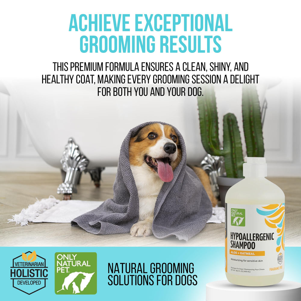 Only Natural Pet hypoallergenic shampoo label details emphasize natural ingredients and fragrance-free formula.