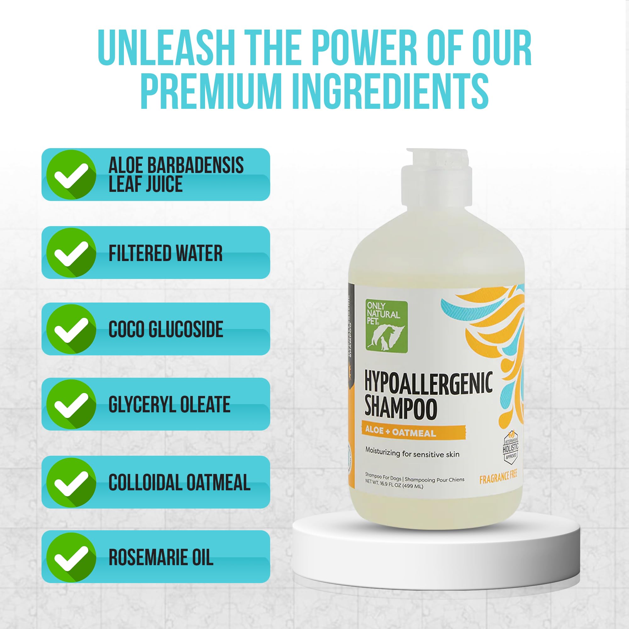 Only Natural Pet hypoallergenic shampoo pour bottle captures easy, gentle cleansing during grooming.