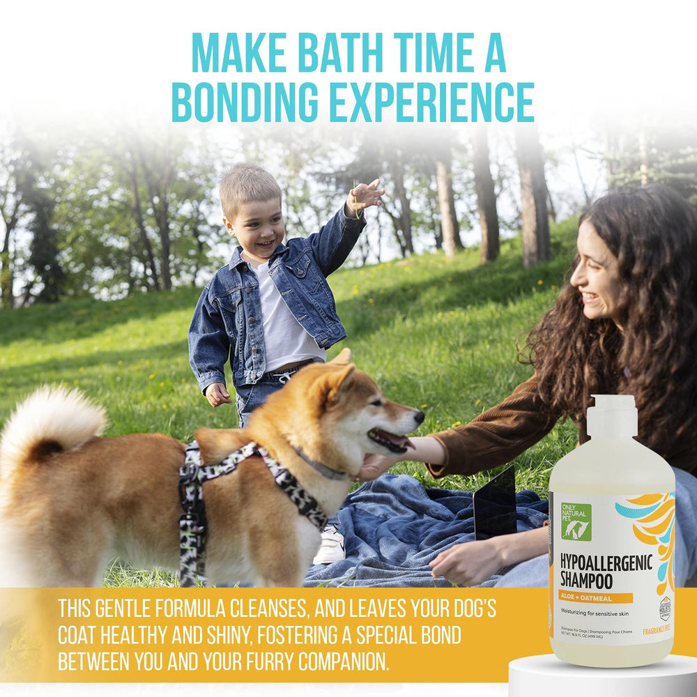Only Natural Pet hypoallergenic shampoo sensitive skin closeup shows veterinarian-crafted gentle care.