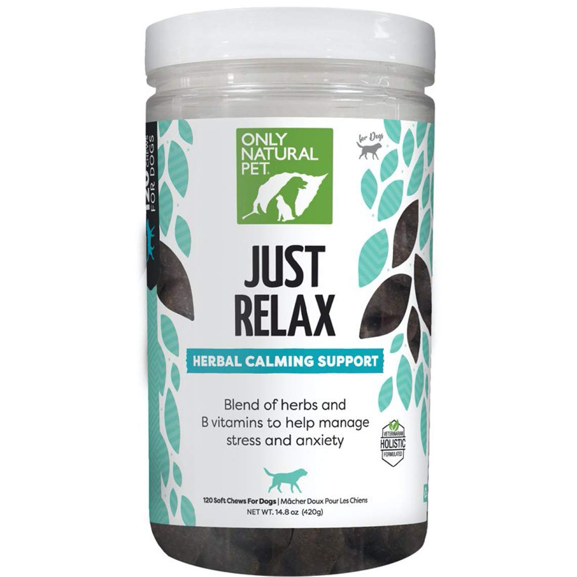 Only Natural Pet Just Relax bacon-flavored soft chews bottle for daily calm.